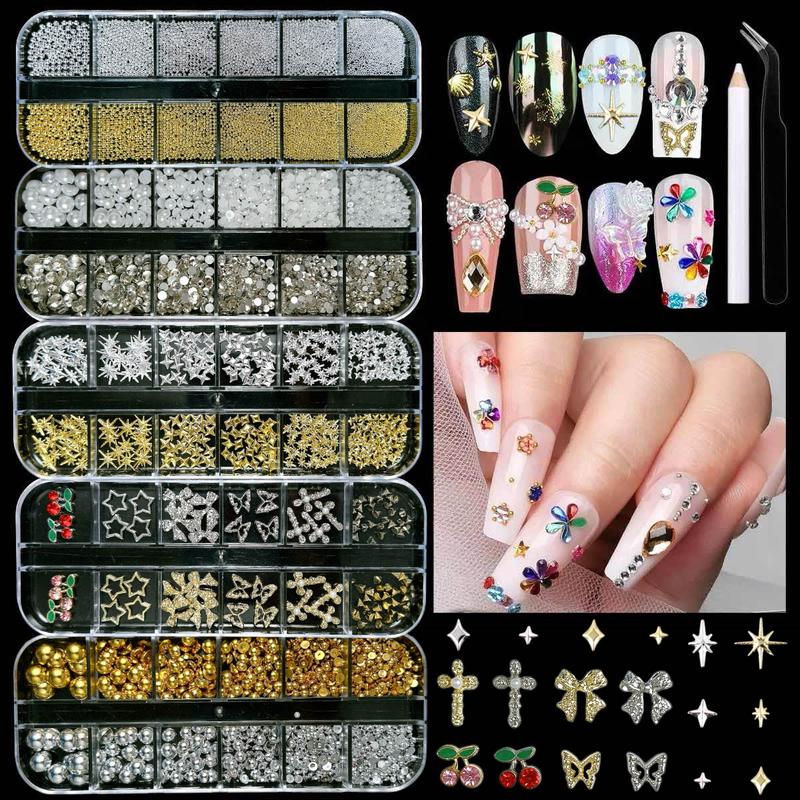 1Set 3D Gold Nail Charms Y2K, Cross Nail Charms and Gems, Gold Bow Cherry Star Charms for Nails Gems, Shine Silver Rhinestone Butterfly Charms Nail Pearls Metal Caviar Beads Accessories for Women DIY, Rhinestone Bow Decorated
