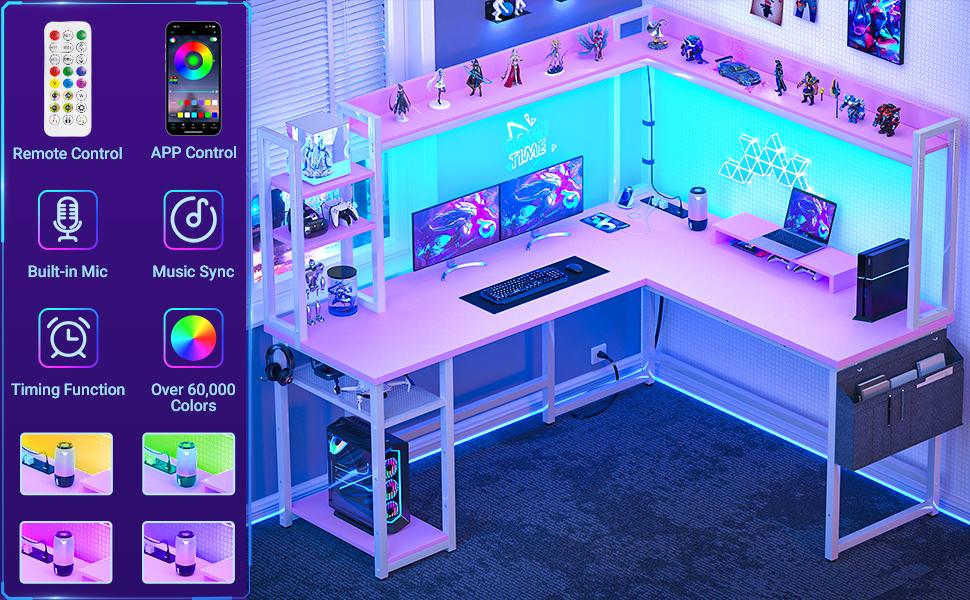 L Shaped Gaming Desk with Power Outlets & LED Lights, Small L- Shaped Desk Computer Corner Desk with Monitor Stand & Storage Shelf,