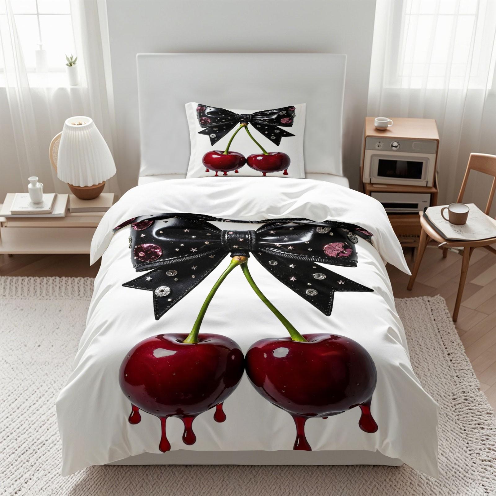 Gothic Cherry Bow Duvet Cover Set, 1 Duvet Cover + 1/2 Pillowcases, Dark Aesthetic Bedding, Cute Fashion Gifts for Goth Girls Gothic Cherry Bow Duvet Cover Set, 1 Duvet Cover + 1/2 Pillowcases, Dark Aesthetic Bedding, Cute Fashion Gifts for Goth Girls
