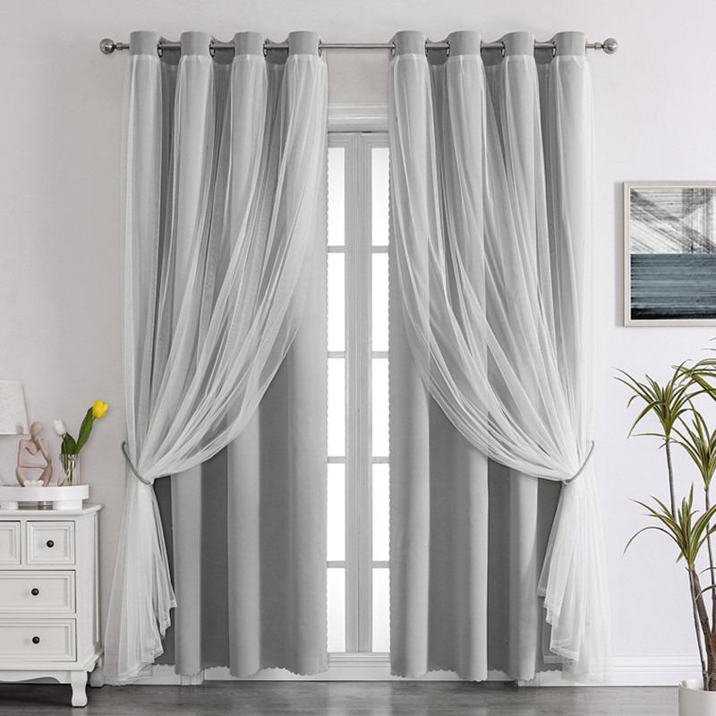 French Romantic Aesthetic Two-Layer Cloth Light-Blocking Finished Curtain, Fashionable Hole Drapery for Living Room, Stylish and Trendy Window Covering, Home Textile