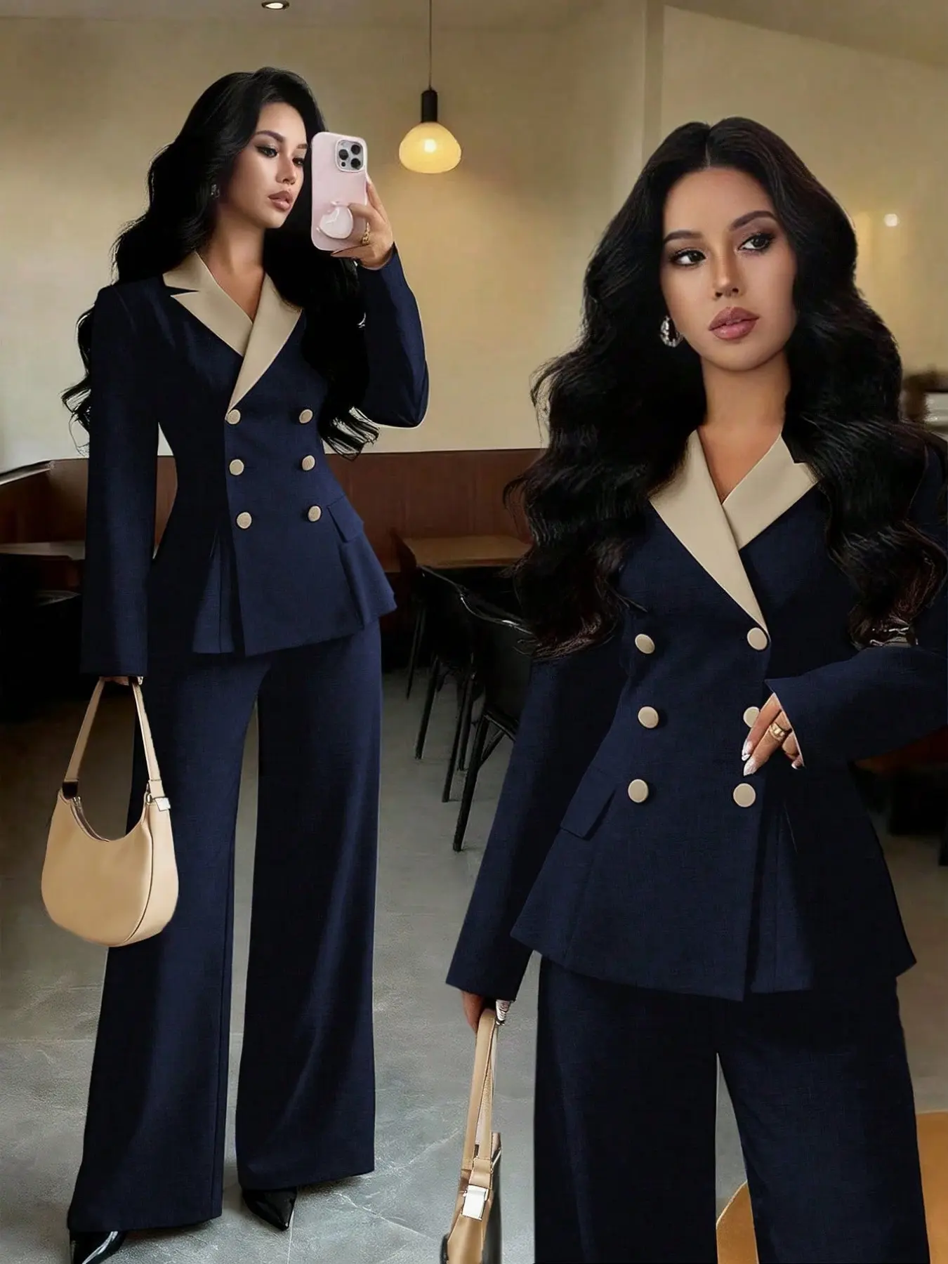 Women's Two‑Piece Suit Set, Matching Color‑Contrast Lapel Double‑Breasted Blazer + High‑Waisted Wide‑Leg Suit Pants, Elegant Office Work Outfit, Commuter Set, Women's Two‑Piece Outfit, Intellectual And Capable, Casual Commuter Style