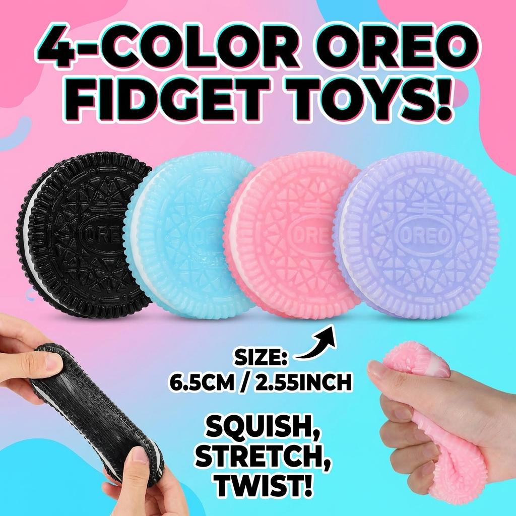 4-Color Oreo Squishy Fidget Toy – Ultra Soft Stretchy Stress Relief Squeeze, Fun Anxiety Decompression Toy for Kids & Adults (6.5cm)