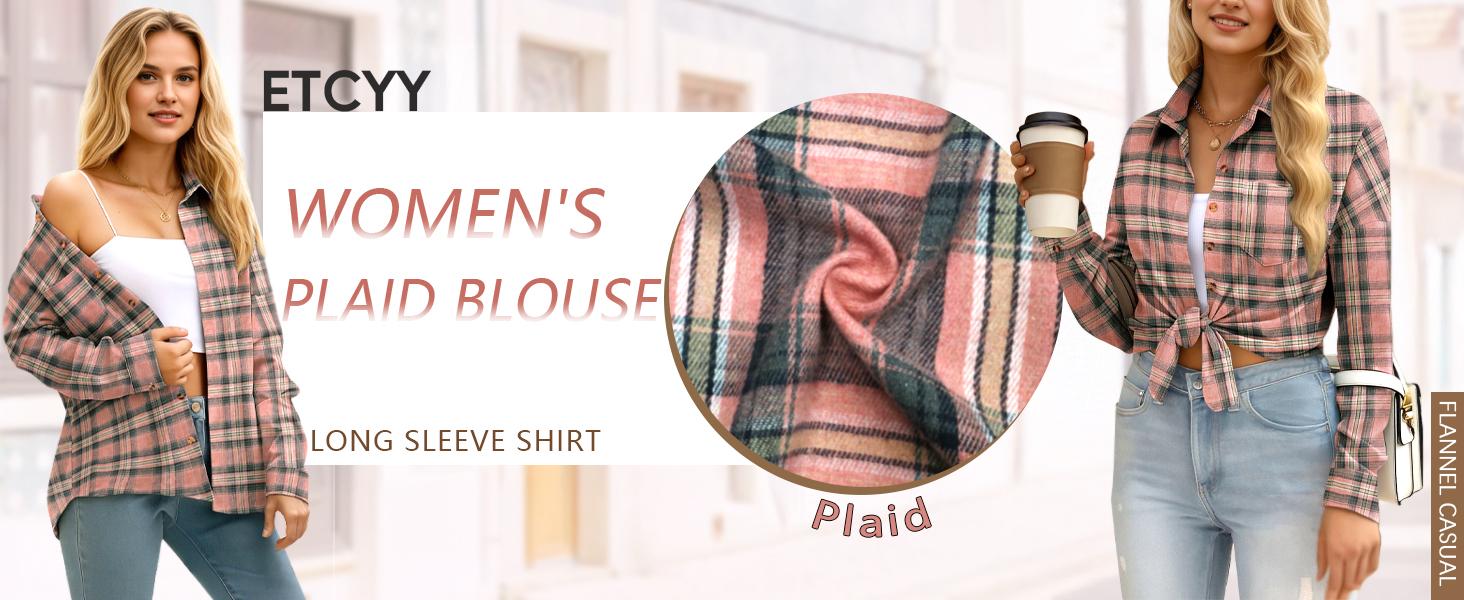 ETCYY NEW Women’s Pink Striped Plaid Flannel Shirt – Fitted Buffalo Check Button-Down Cardigan Blouse, Cute Fall Outfit & Rave Going Outfits, Long Sleeve Womenswear Top for Office, Business & Casual Wear