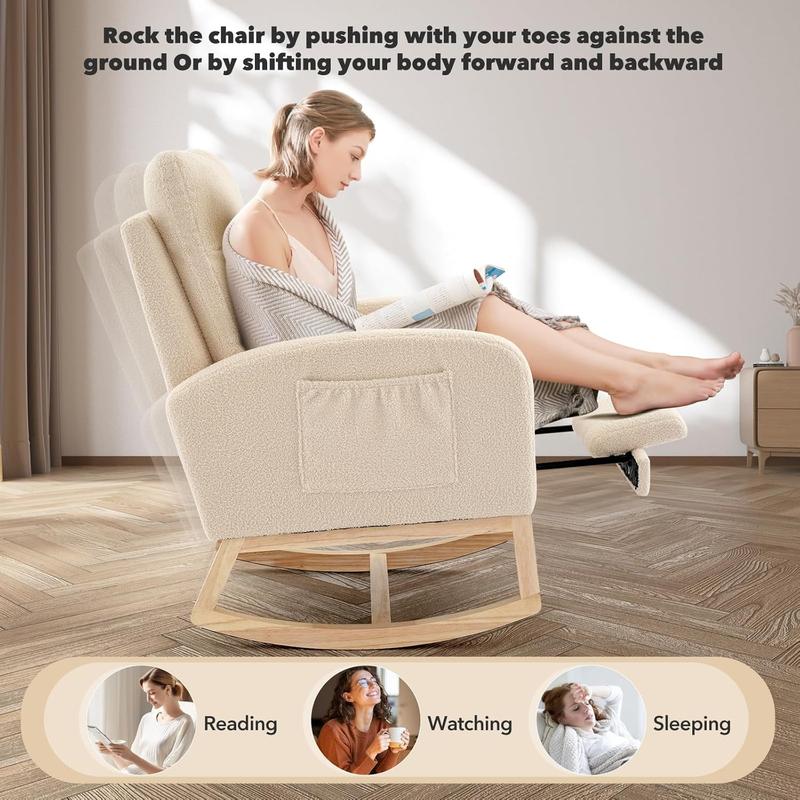 Rocking Chair Nursery with Foot Rest, Modern PU Upholstered Reading Glider Rocker Accent Armchair with High Backrest, Padded Seat, Side Pocket, for LivingRoom, Bedroom, Baby Room