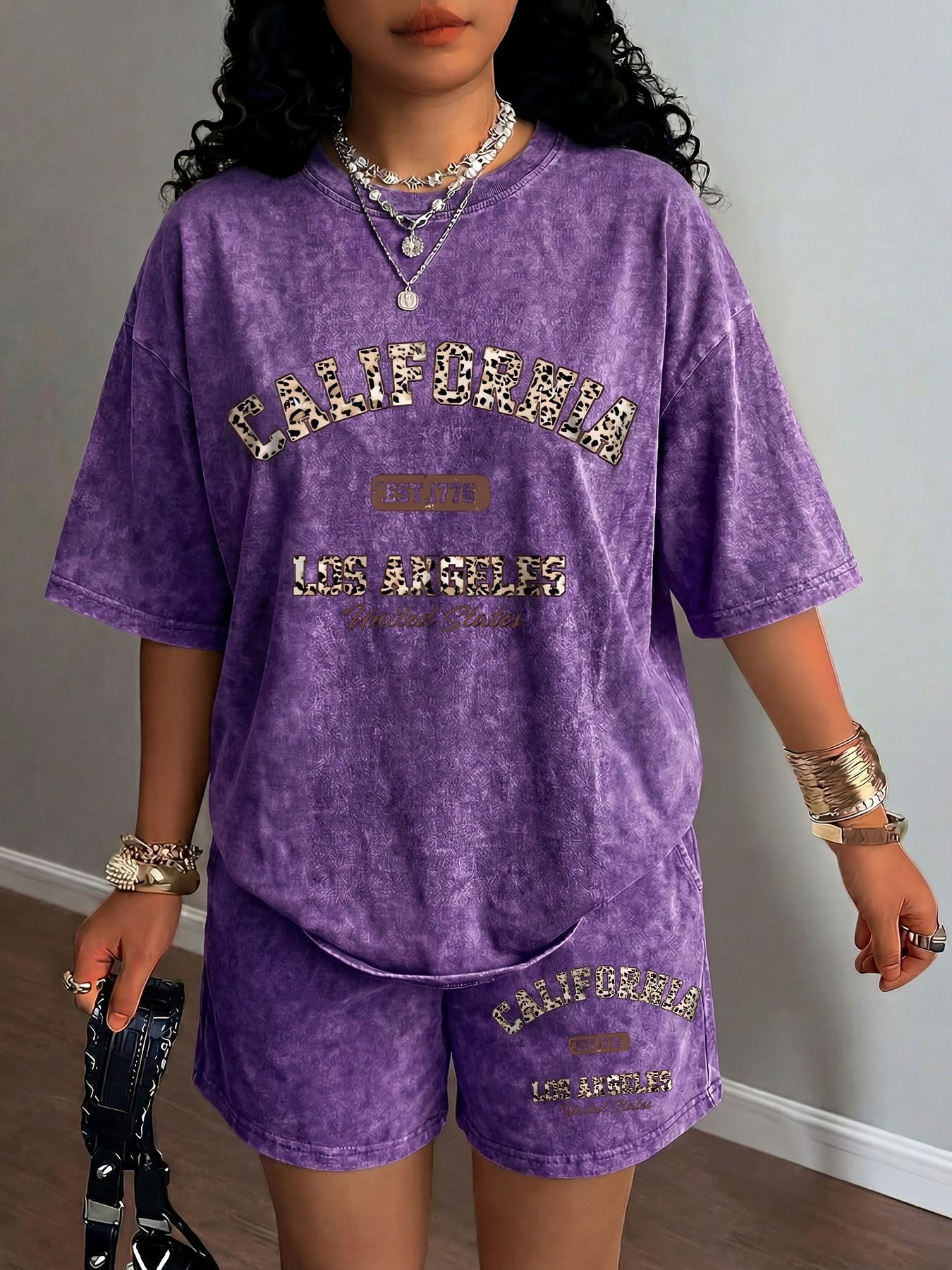2-Piece Leopard Print Letter CALIFORNIA Washed Distressed Short-Sleeve Round Neck Top and Shorts Set Outfit - American Retro Vintage Chic Style, Available in Multiple Colors, Loose and Casual, Perfect for Lazy Night Out or Outings