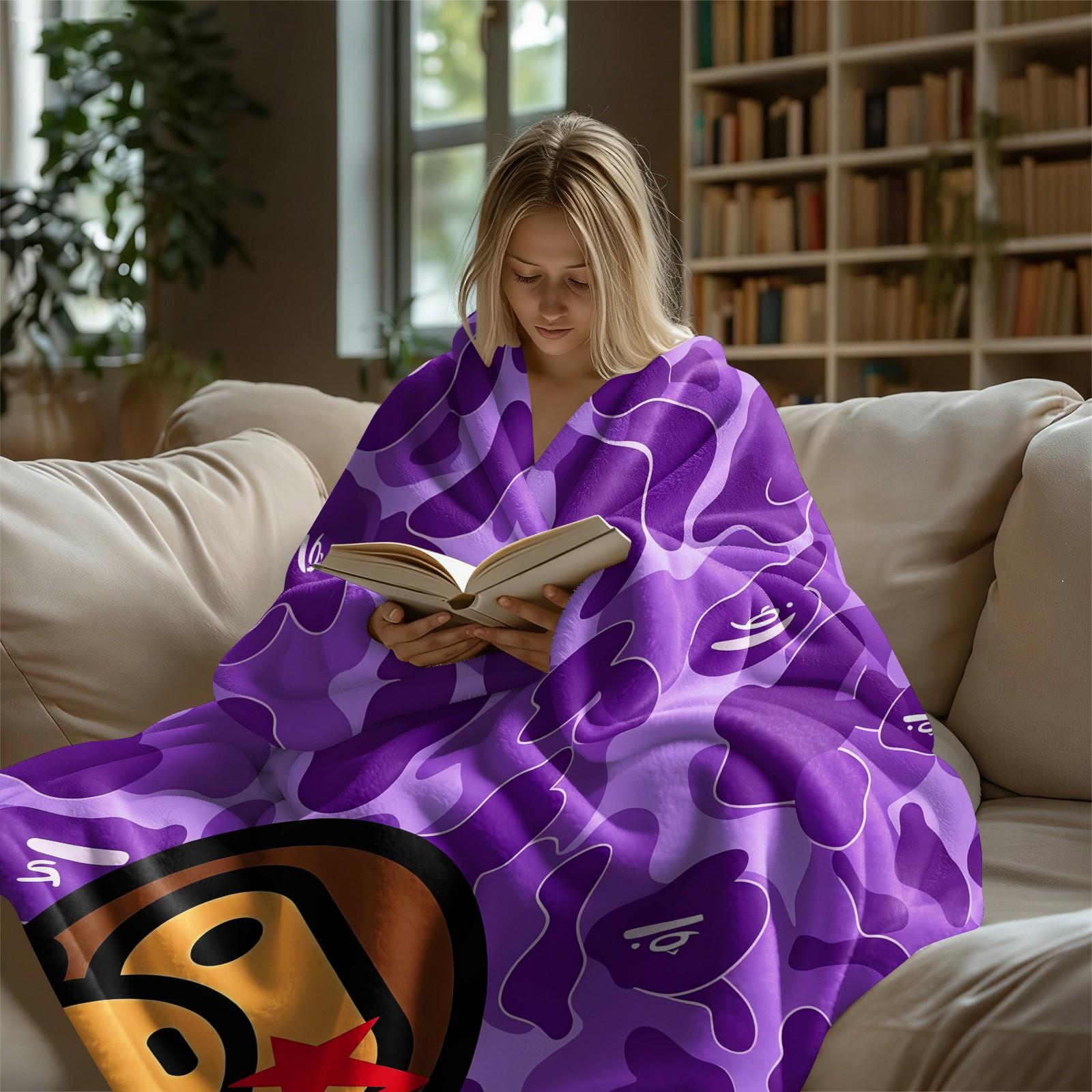 All Season Flannel Blanket, Purple Camouflage Street Cartoon Graphic Fleece Throw Blanket, Monkey Head With Red Star Pattern Warm Nap Blanket, Portable Travel Home Decor Blanket