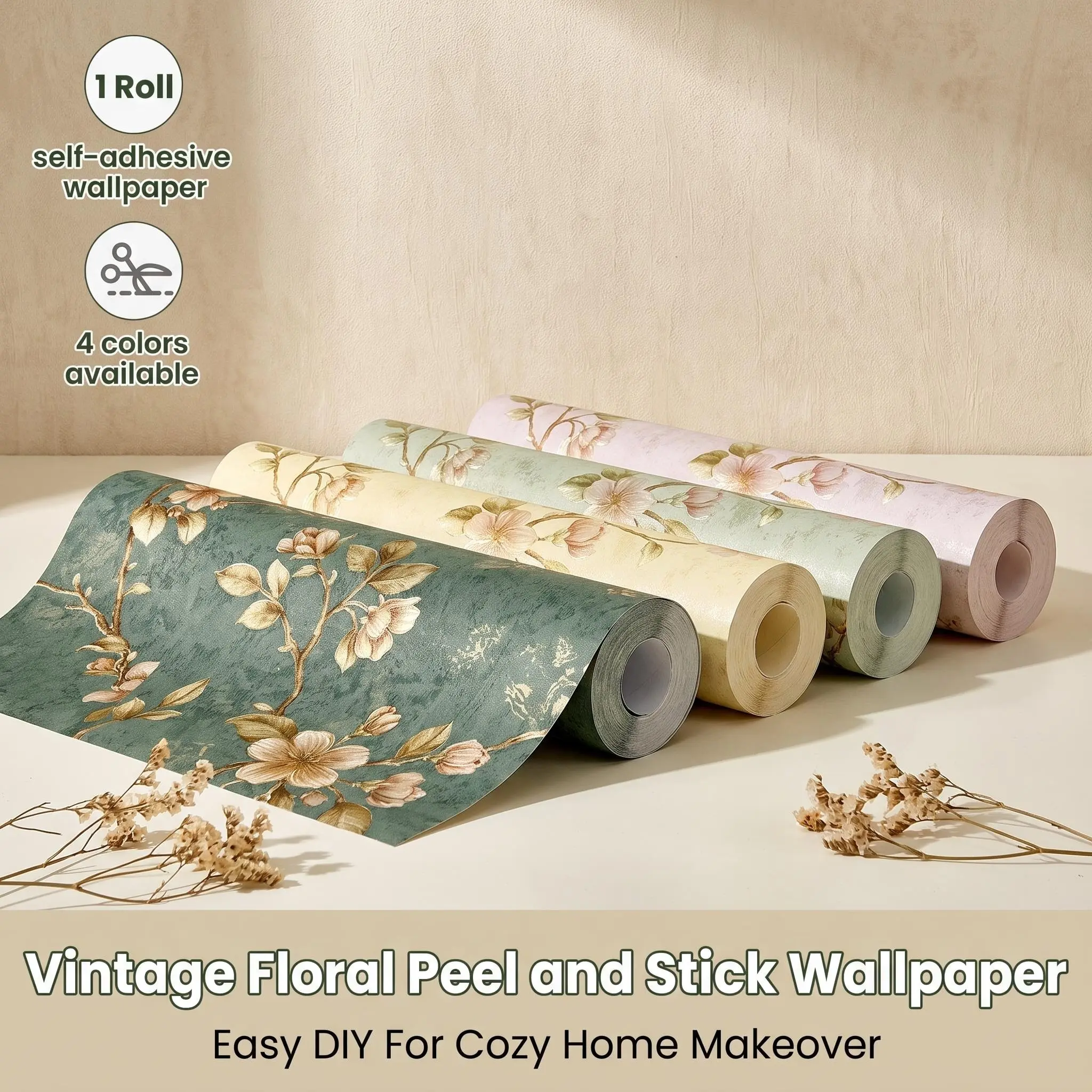 Vintage Floral Peel and Stick Wallpaper, 4 Colors Removable Self Adhesive, Retro Flower Wall Decor for Bedroom, Furniture, Cabinet Makeover