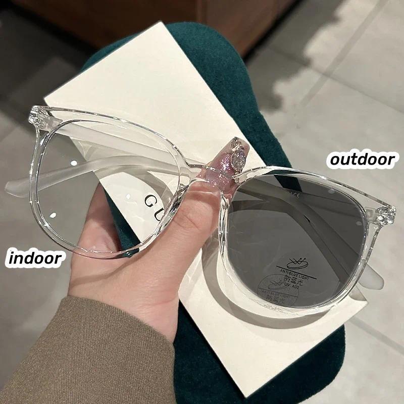 Fashion Intelligent Photochromic Glasses Men Women Color Changing Myopia Eyeglasses Unisex Round Travel Sunglasses 0-1.0-4.0