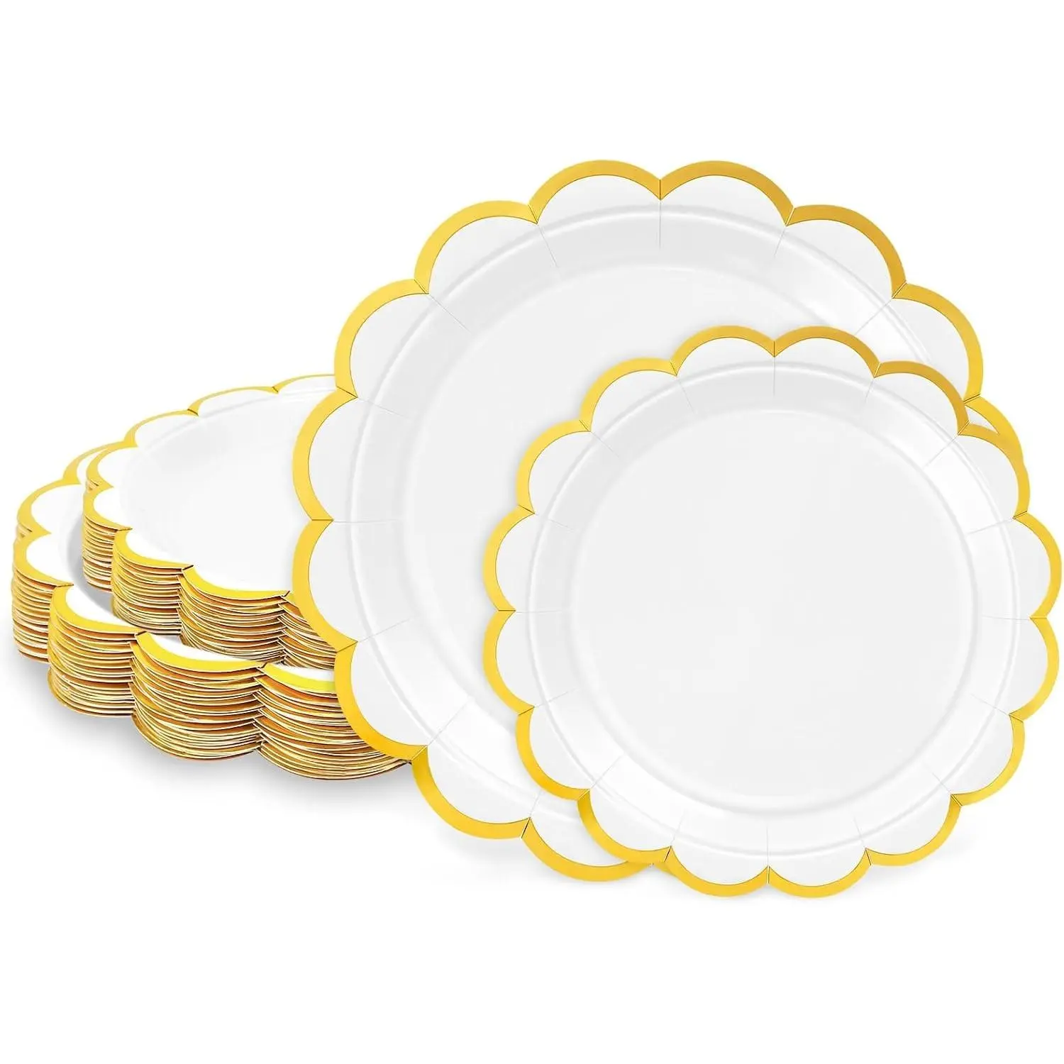 50 Pcs White Scalloped Paper Plates with Gold Foil, 25 Pcs 9" & 25 Pcs 7" Disposable Dessert Cake Plates for Wedding, Baby Shower, Birthday, Tea Party, Picnic, BBQGift