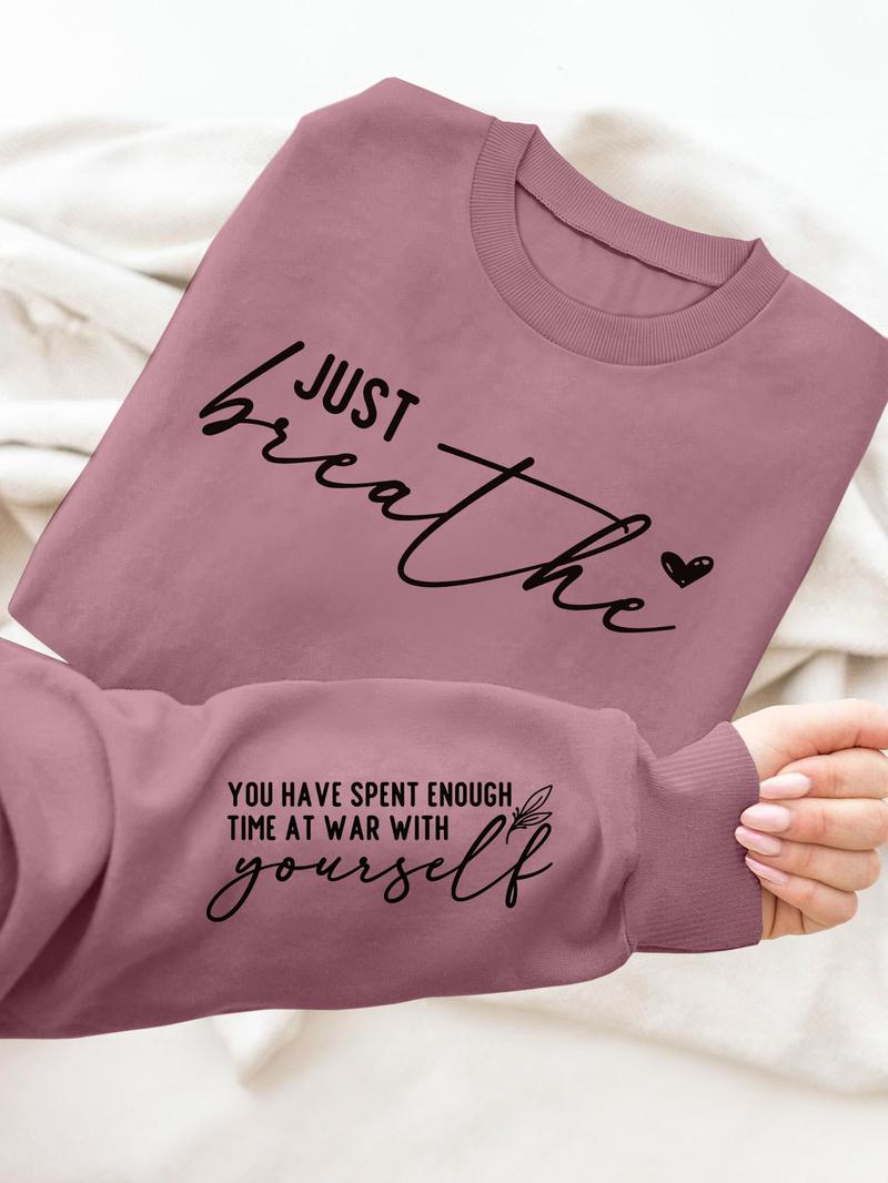 Women's Letter & Heart Print Pullover Sweatshirt, Casual Long Sleeve Crew Neck Sweatshirt for Fall & Winter, Women's Clothes for Daily Wear