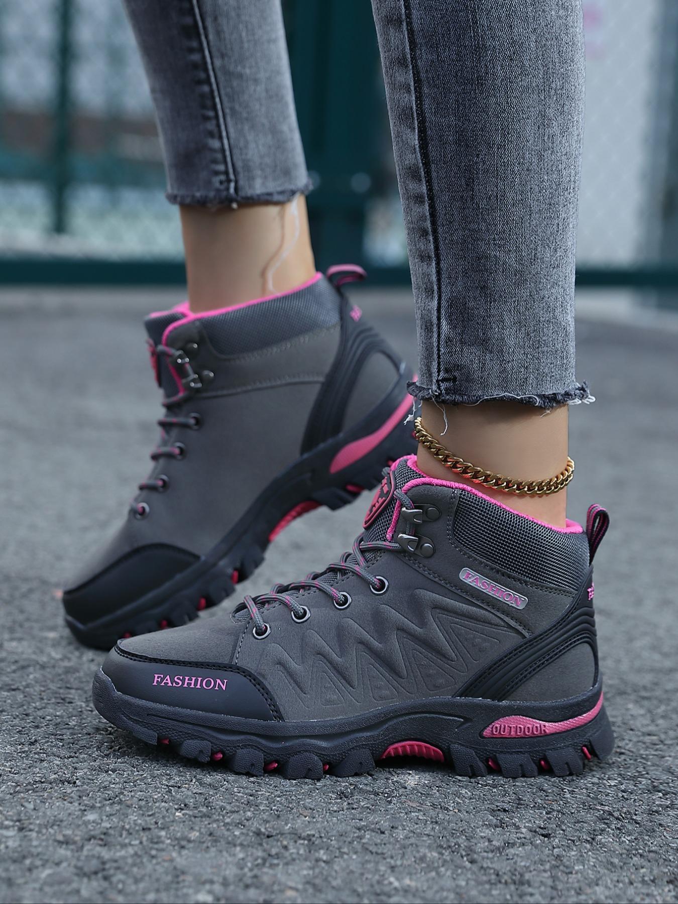 Stylish high-top hiking shoes designed for women, featuring windproof and waterproof performance, sturdy and long-lasting build, perfect for outdoor trekking activities as well as everyday casual outfits.