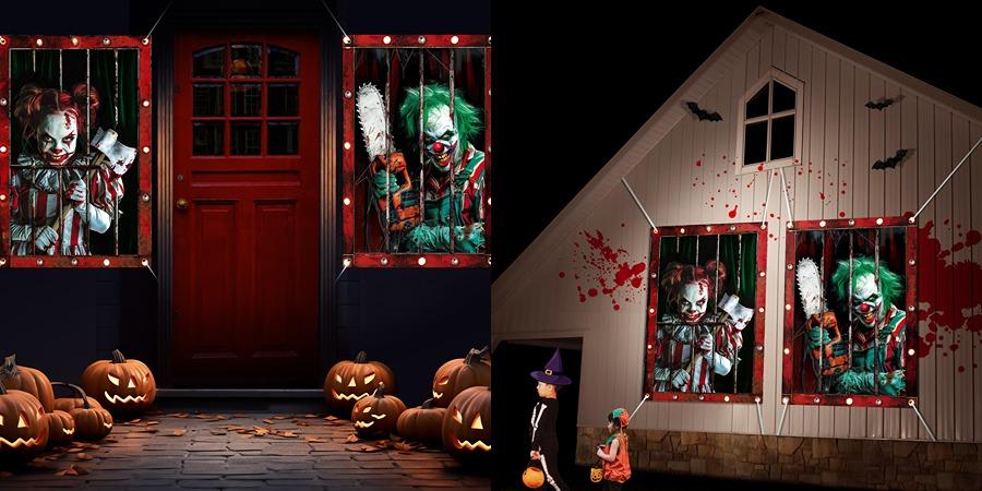 2/3 Pcs Halloween Window Cover Decoration, Bloody Creepy Clown Scene Curtains for Haunted House, Reusable Fabric Horror Decorations for Indoor Outdoor Party, 31 x 47 Inches