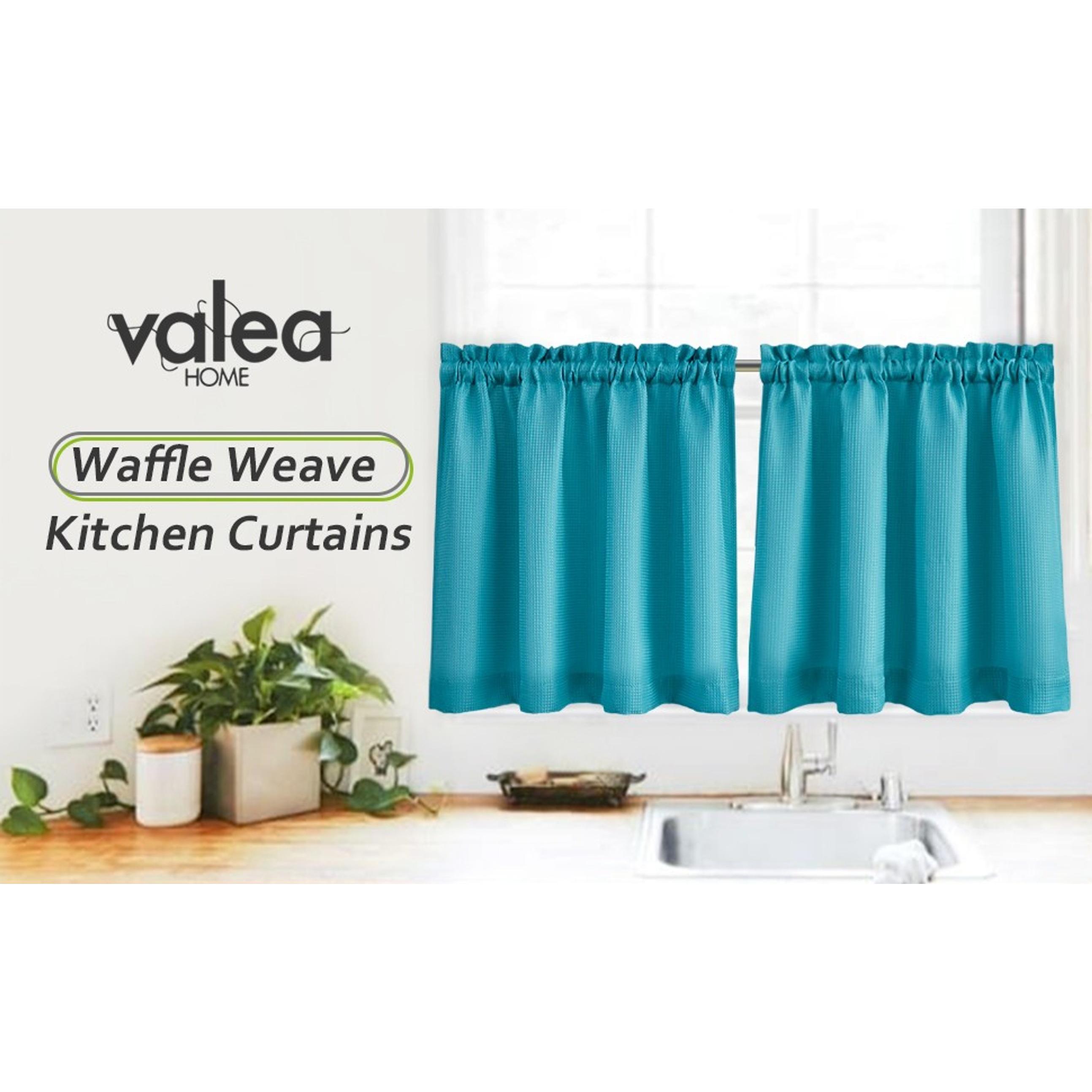 Waffle Weave Textured Bathroom Window Curtains Water Repellent Window Covering Half Window Curtains Kitchen Tiers 24 inch Length, Turquoise, Set of 2