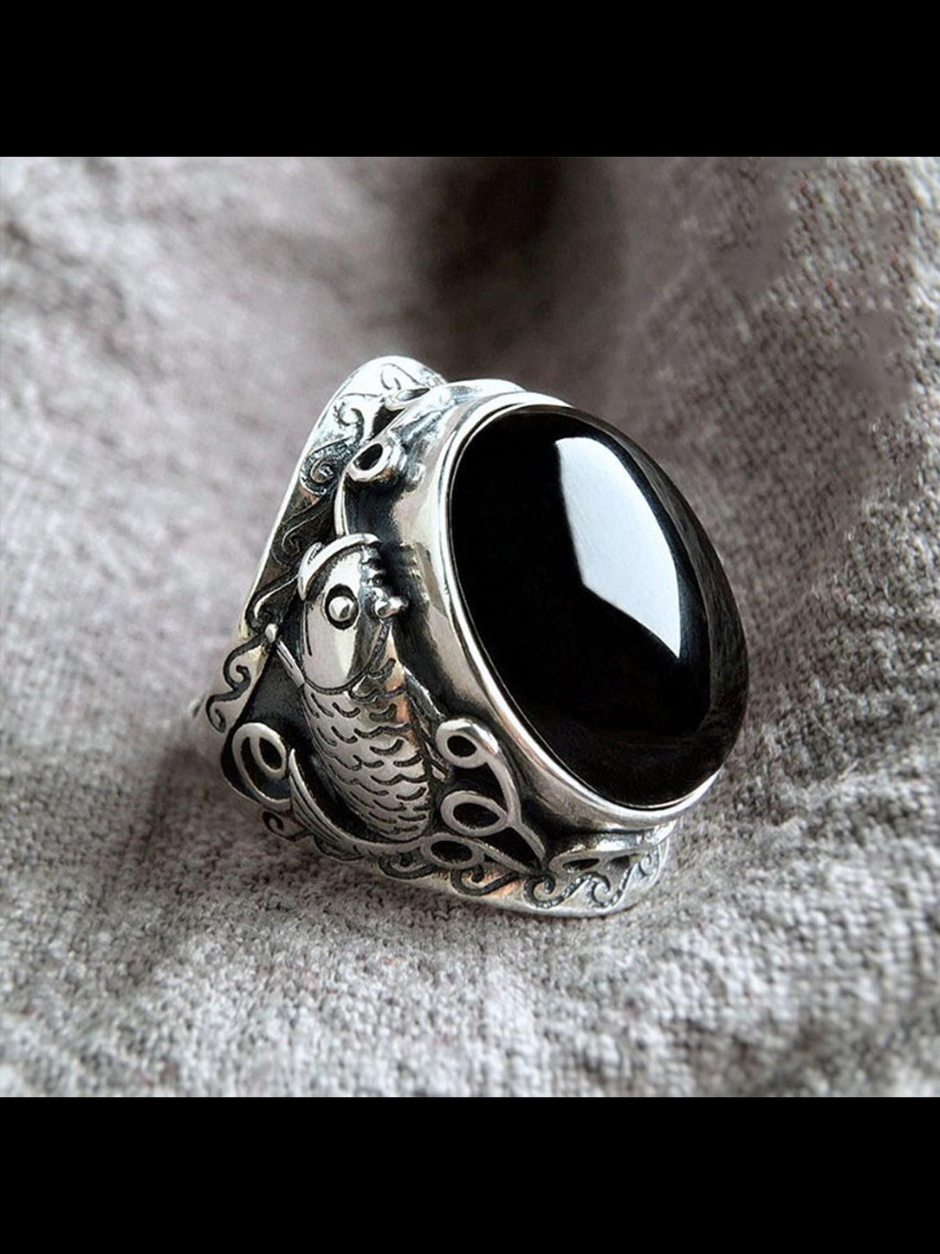 Vintage Obsidian Ring for Men, Koi Fish Ethnic Pattern, Adjustable Copper Chain, Casual Style, All Seasons Jewelry
