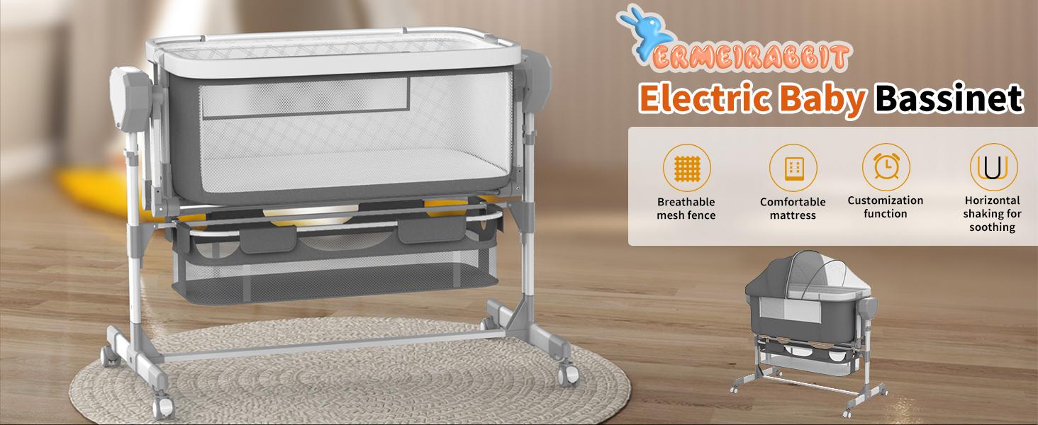 Rocking Bassinet for Baby, Electric Baby Bassinet Automatic 5 Rocking Motion Bassinet Bedside Sleeper for Newborn,  Auto Rolling Baby Cradle 6 Height Adjustable with 4 Lullabies