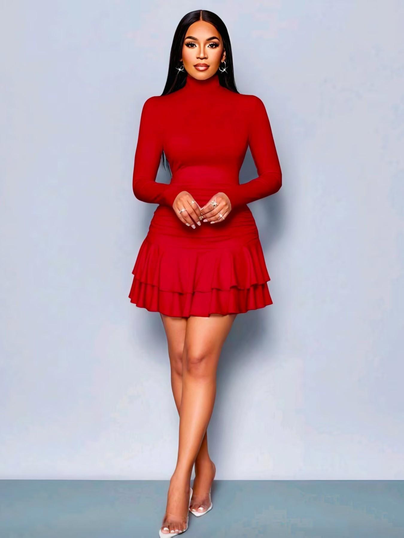 Spring Summer Women's Elegant Party Dress, High Waist Knit Mini Dress, Long Sleeve Pleated Neck, Perfect for Dates and Vacation Sy1158