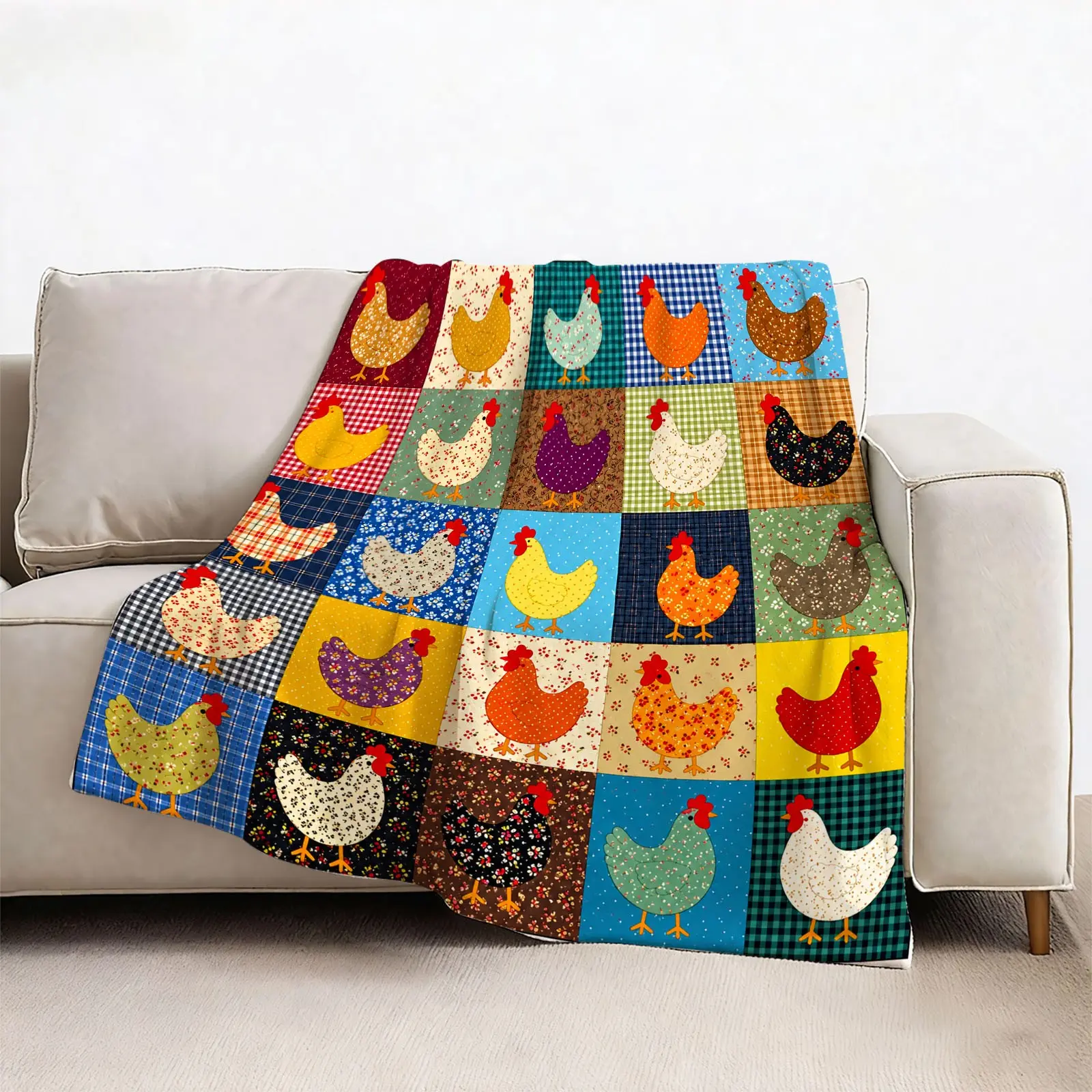 1pc Farm Chicken Patchwork Fleece Blanket, multi-color quilt squares printed with hens in various colors, floral, gingham and polka dot backgrounds. Country farmhouse style. Soft and machine washable, great for bedroom and sofa, unique home gift