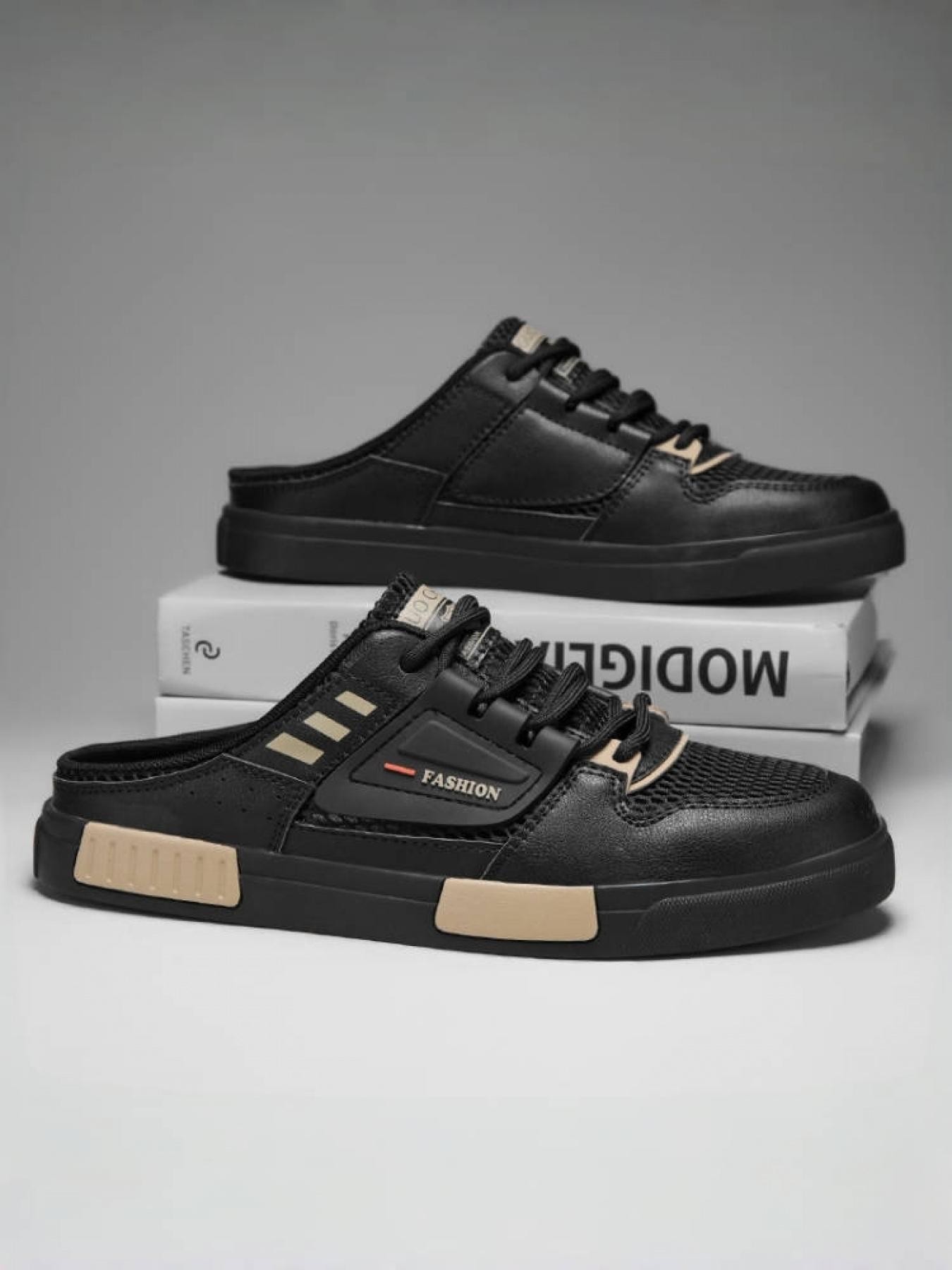 1 Pair Men's Large Size Soft-Sole Anti-Slip Half Slippers, Hollow Design Breathable and Not Stuffy, Anti-Collision Toe Cap, Dual-Use Sandals for Outdoor & Indoor