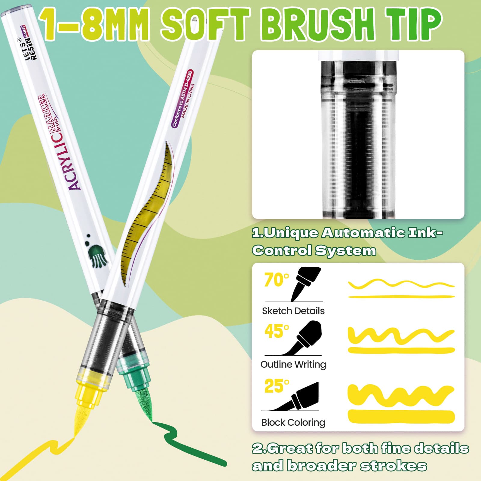 Acrylic Paint Markers Brush Tip,Automatic Ink Control Acrylic Paint Pens,No Bleed & Good Coverage Acrylic Markers for Coloring Books,Rock Painting,Canvas,Ceramic,Wood - LET'S RESIN