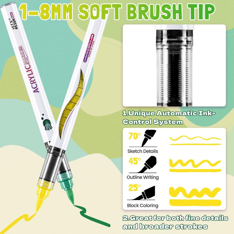 Acrylic Paint Markers Brush Tip,Automatic Ink Control Acrylic Paint Pens,No Bleed & Good Coverage Acrylic Markers for Coloring Books,Rock Painting,Canvas,Ceramic,Wood - LET'S RESIN