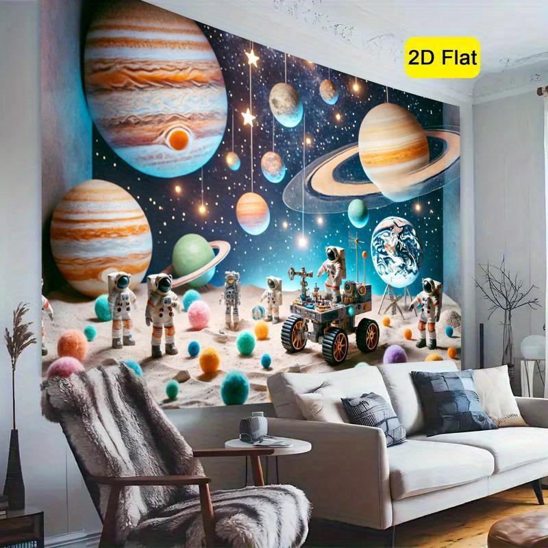 2D flat banner 1PC astronaut space exploration background fabric - Jupiter, Saturn robots and stars - deep blue space scenes, suitable for birthday parties, studios, classrooms, home decoration - durable polyester fabric indoor hanging painting - tc