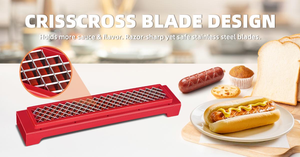 Hot Dog Slicer Criss Cross Red Stainless Steel Blade One-Touch Release BBQ Grilling Picnics Outdoor Cooking Kitchen Backyard Utensils Compact Dishwasher Safe Stylish