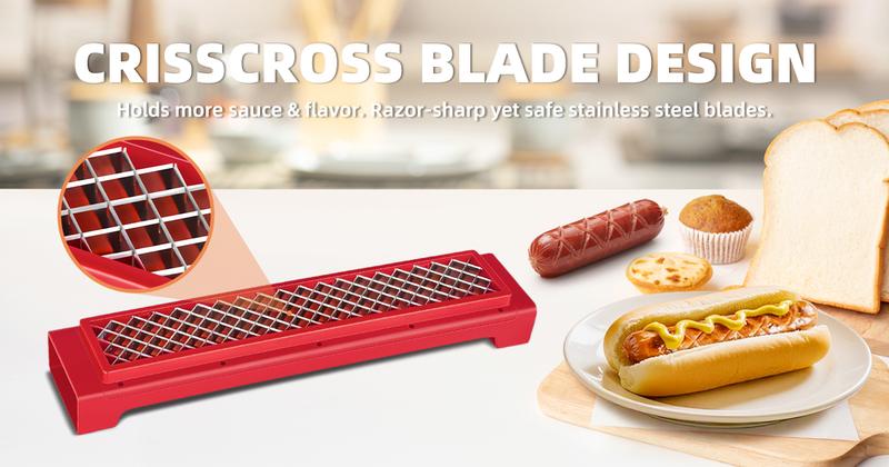 Hot Dog Slicer Criss Cross Red Stainless Steel Blade One-Touch Release BBQ Grilling Picnics Outdoor Cooking Kitchen Backyard Utensils Compact Dishwasher Safe Stylish
