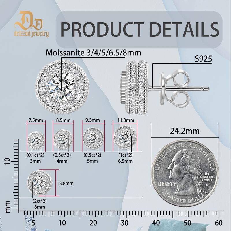 Delzzad 18k Gold-Plated Hip Hop Iced Out Halo Stud Earrings Round Synthetic Moissanite Earrings S925 Studs For Men Women Birthday Anniversary Mother's Day Christmas Gifts