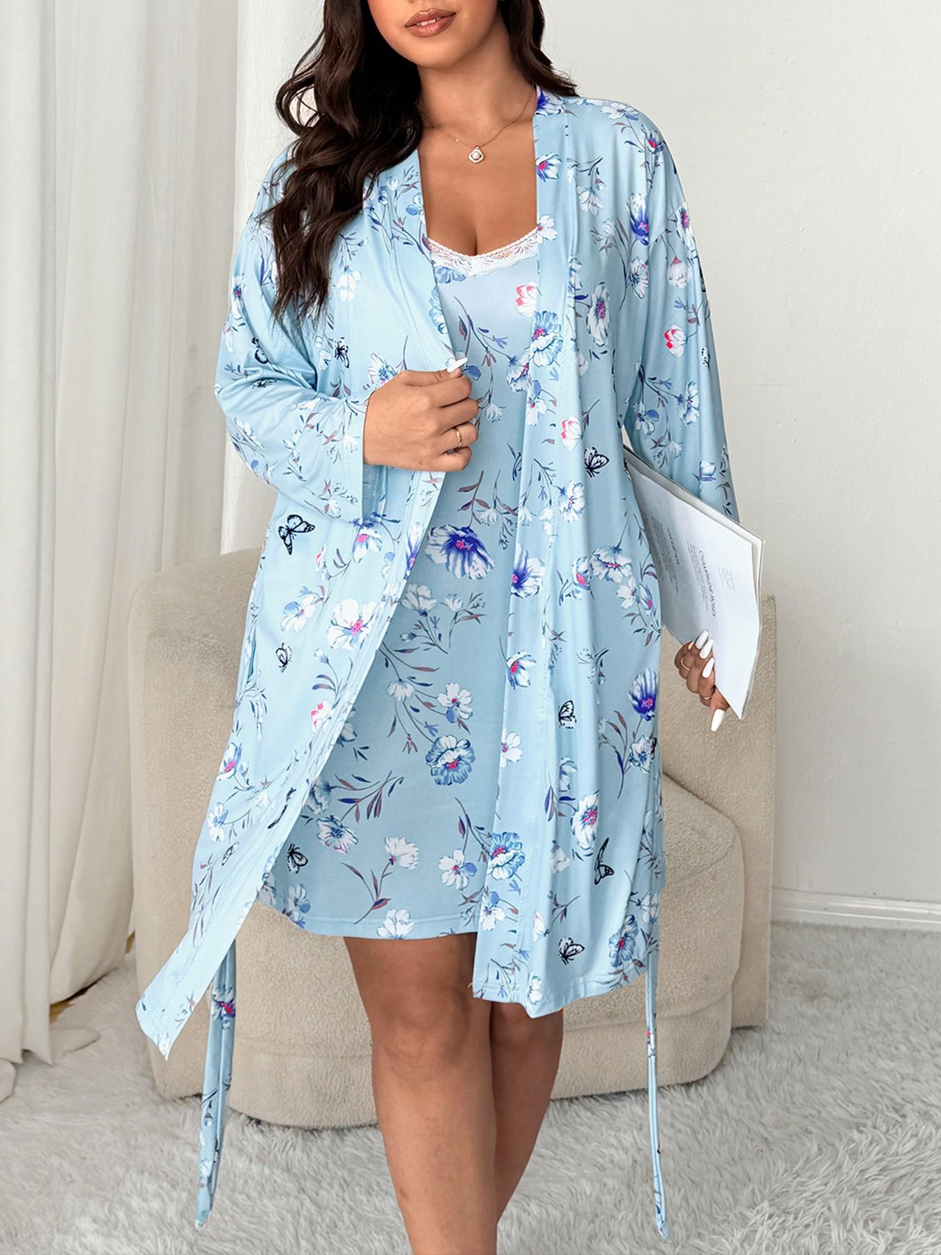 【Plus Size】 Floral Print Cami Dress & Belted Robe Two-piece Set, Casual Soft Comfortable Pyjama Set for Women, Women's Sleepwear for Spring & Fall