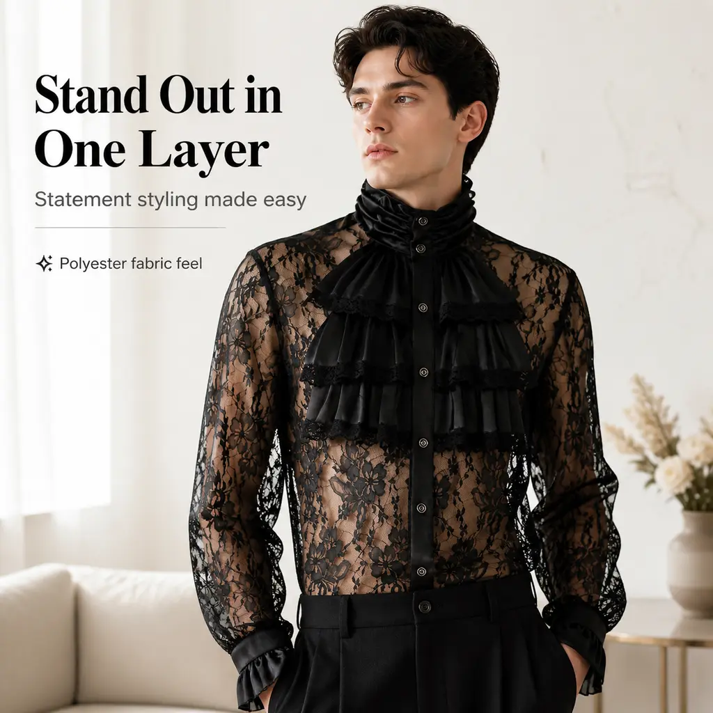 Men Black Sheer Floral Lace Ruffled Shirt, Victorian Standing Collar Long Sleeve Blouse, Gothic Renaissance Noble Costume Top, Polyester Shirt for Halloween Cosplay & Themed Party