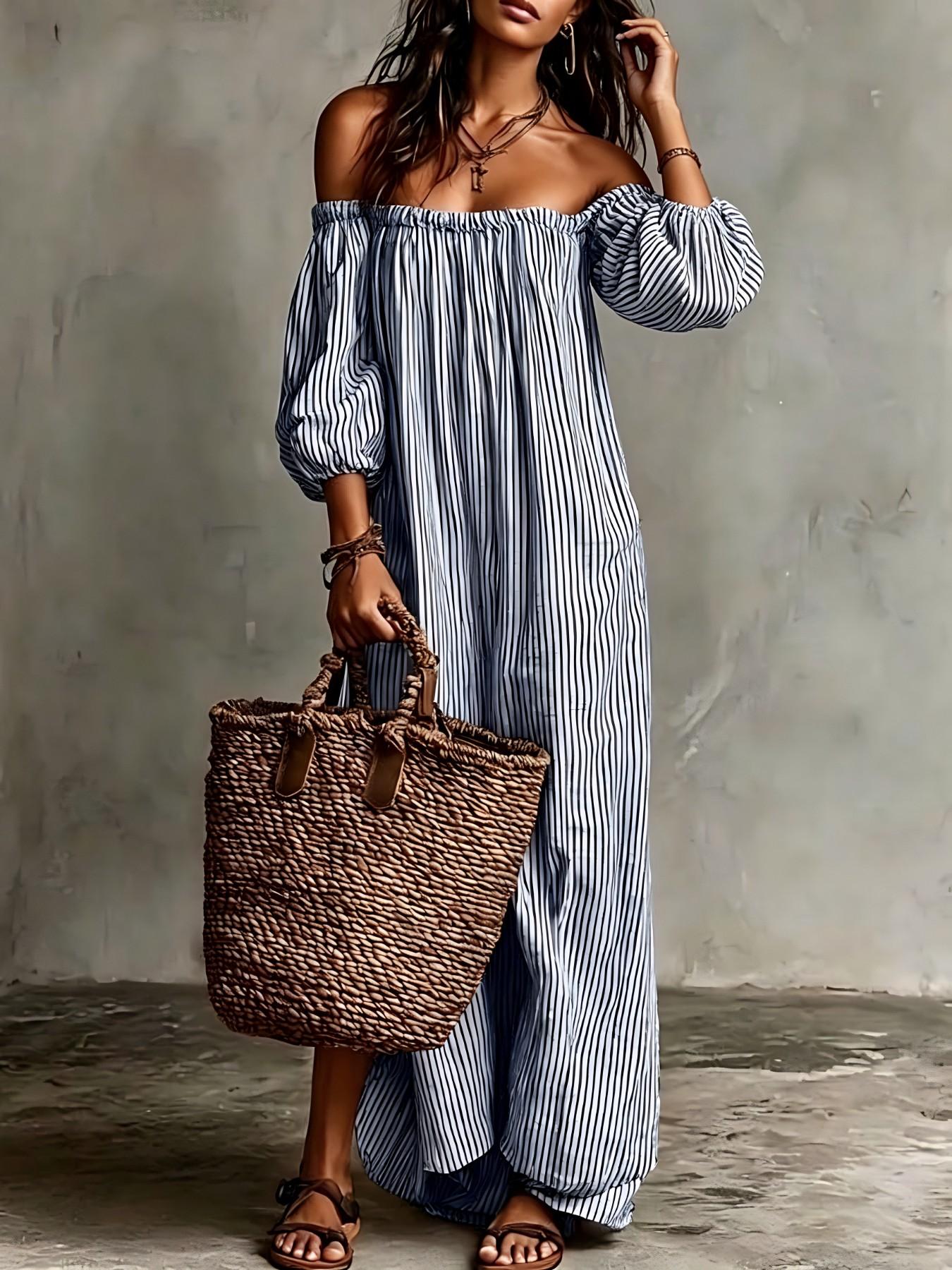 Women's Vintage Striped One-Shoulder Long Dress, Loose Fit Slimming Bubble Sleeve Off-The-Shoulder Dress, Beach Vacation Style Summer