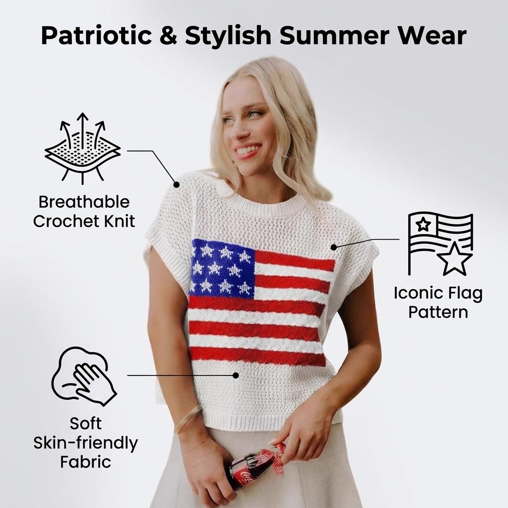 Yolabra American Flag Open-Knit Sleeveless Sweater Top Patriotic Star & Stripe Knit Dolman Cap Sleeve Blouse Casual Fourth Of July Flag Knit Sweater Vest Breathable Open-Knit Patriotic Summer Top Relaxed Fit American Flag Knit Pullover