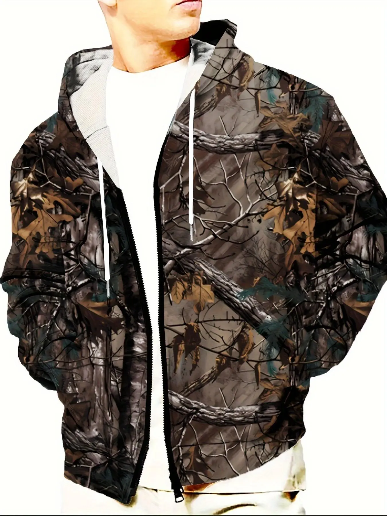 Men's Camouflage Hooded Jacket, Loose-Fit Graphic Print, Breathable Casual Sportswear, All-Season Outdoor Hunting Style, Zip-Up Sweatshirt, Casual Graphic Hoodie