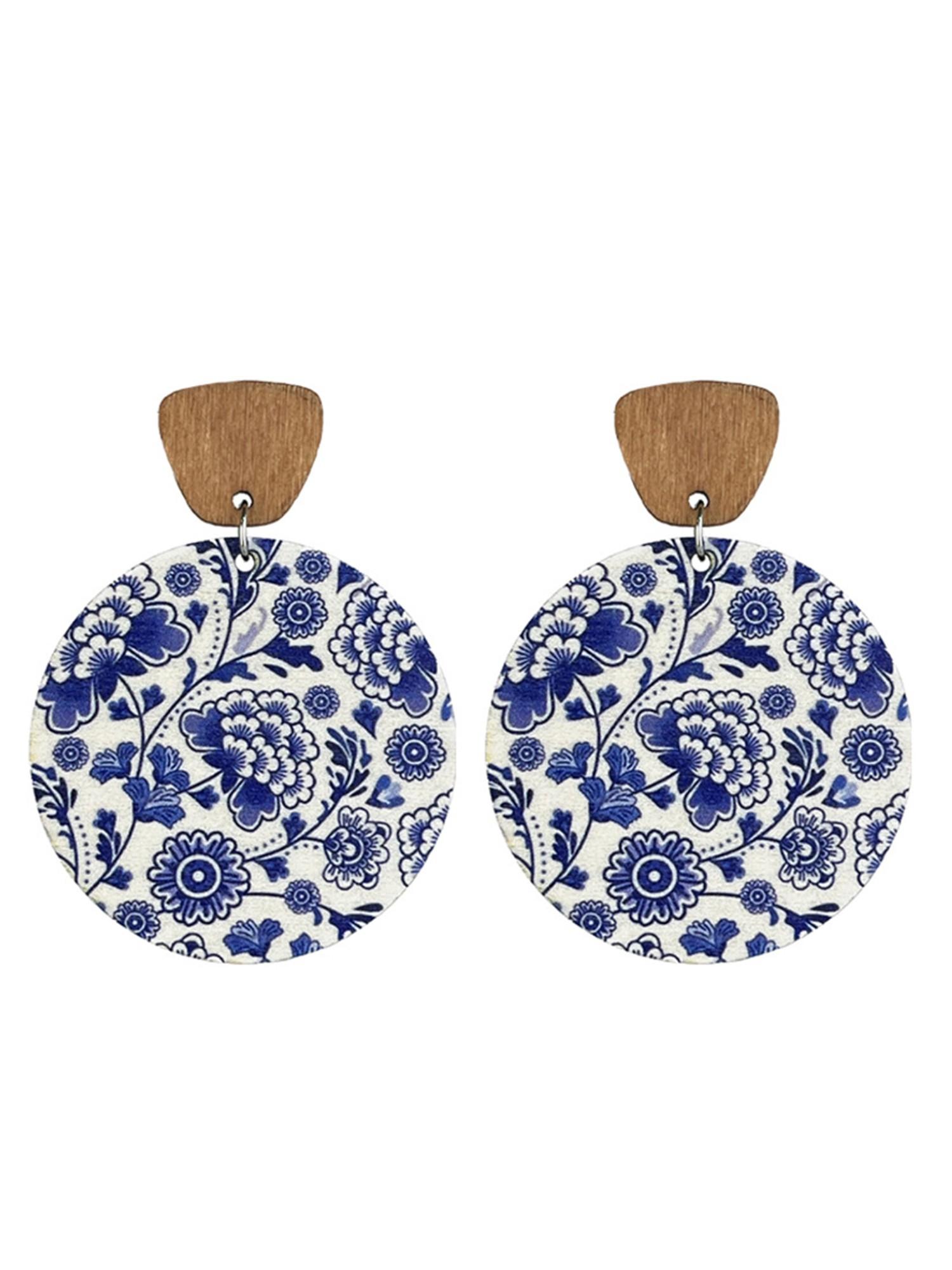 Vintage Floral Boho Drop Earrings, Multicolor Wooden Round Porcelain Studs, All-Over Print Design, Perfect for Spring & Summer
