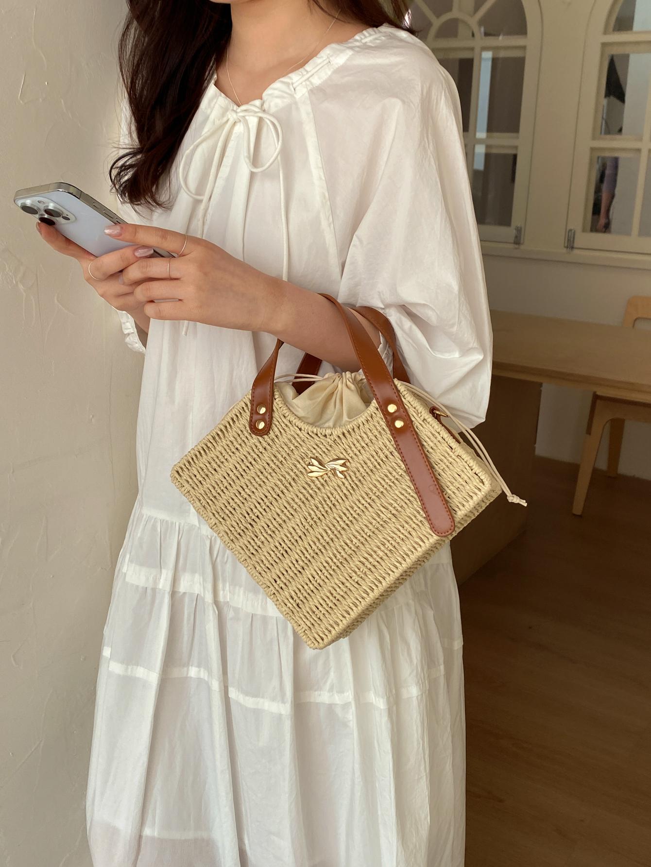 Woven Drawstring Bucket Bag, Vintage Style Handbag, Crossbody Shoulder Bag, Spring Summer Commute Vacation Essential, Women's Fashion Accessory