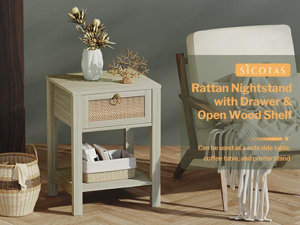 SICOTAS Nightstand Set of 2 - 15.2" x 17.7" x 23.6" Size Elegant Rattan Decor Drawer with Brass Knobs Night Stand Engineered Wood Bedside Table Boho End Tables Side Tables with Storage Shelf for Bedroom and Living Room