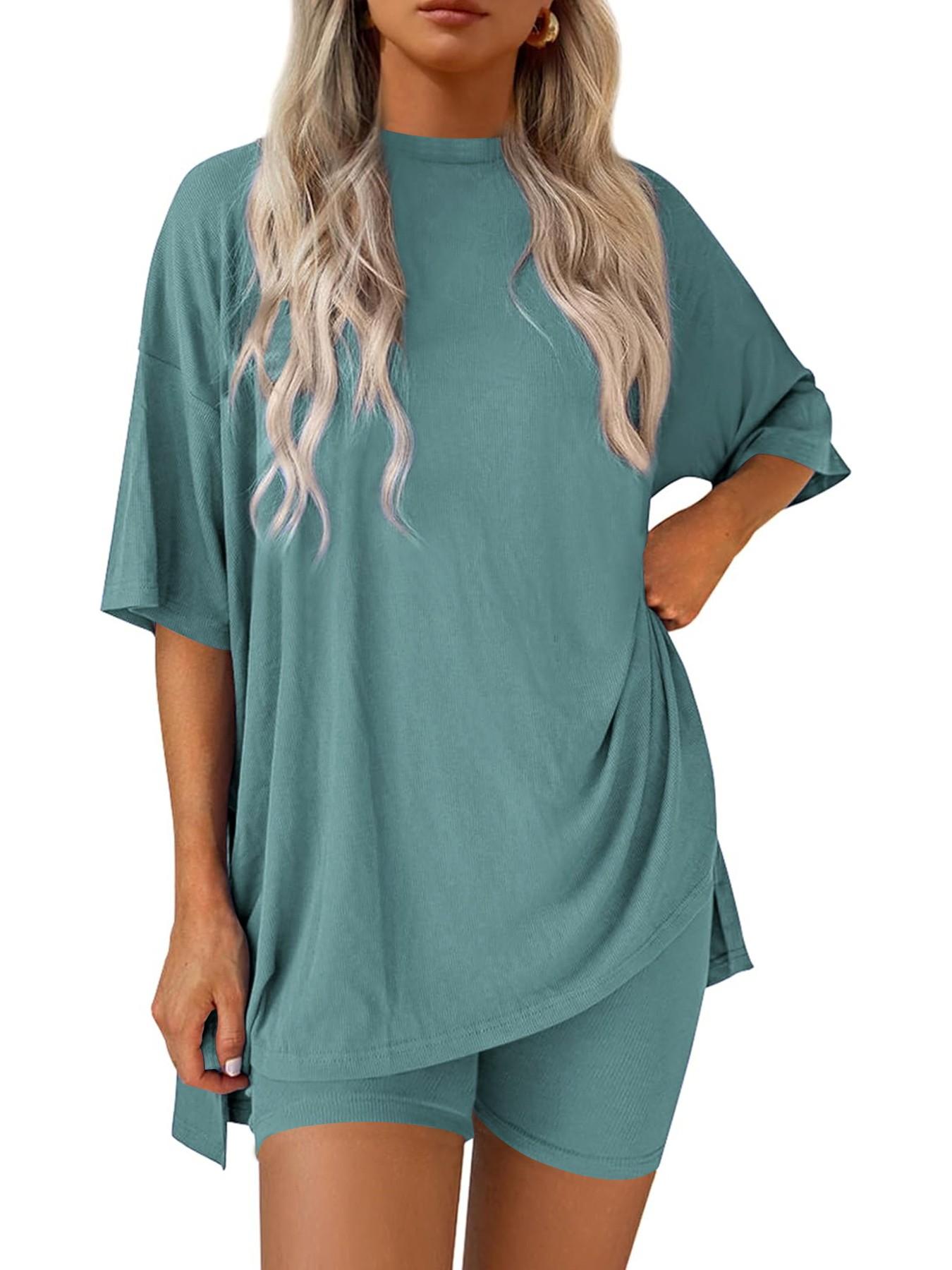 Women's Two Piece Lounge Set Matching, 2026 Summer Casual Basic Oversized Shirts & Biker Shorts, Fitted Plain Design, Perfect for Airport Travel Womenswear Clothes