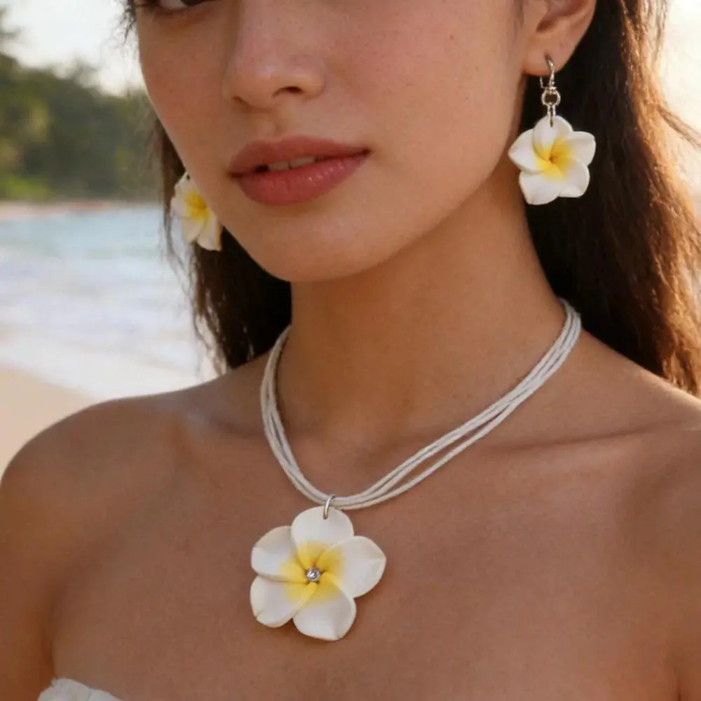Women's Bohemian Big Flower Braided Jewelry Matching Set - White & Yellow Flowers Pendant Necklace, Earrings for Daily Wear, Beach Party Costume Accessories