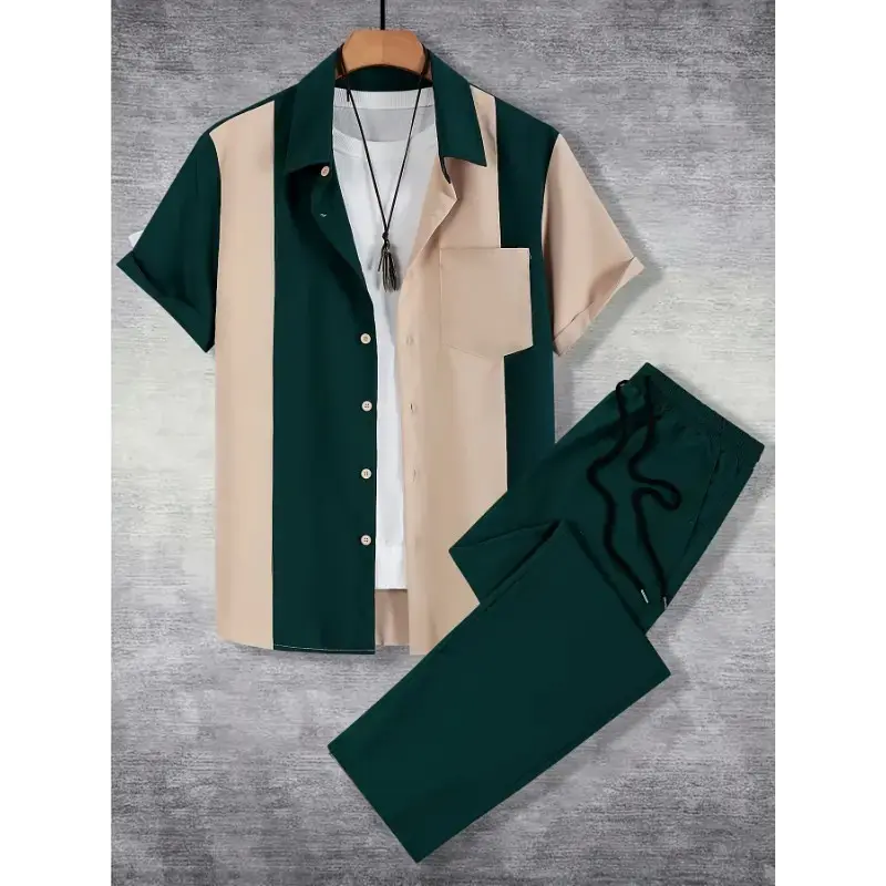 [Summer Two-Piece] Spring/Summer Two-Piece Set | Men's Casual Regular Suit with Contrast Color Single-Buckle Shirt Collar Short-Sleeved Shirt and Drawstring Solid-Colored Trousers