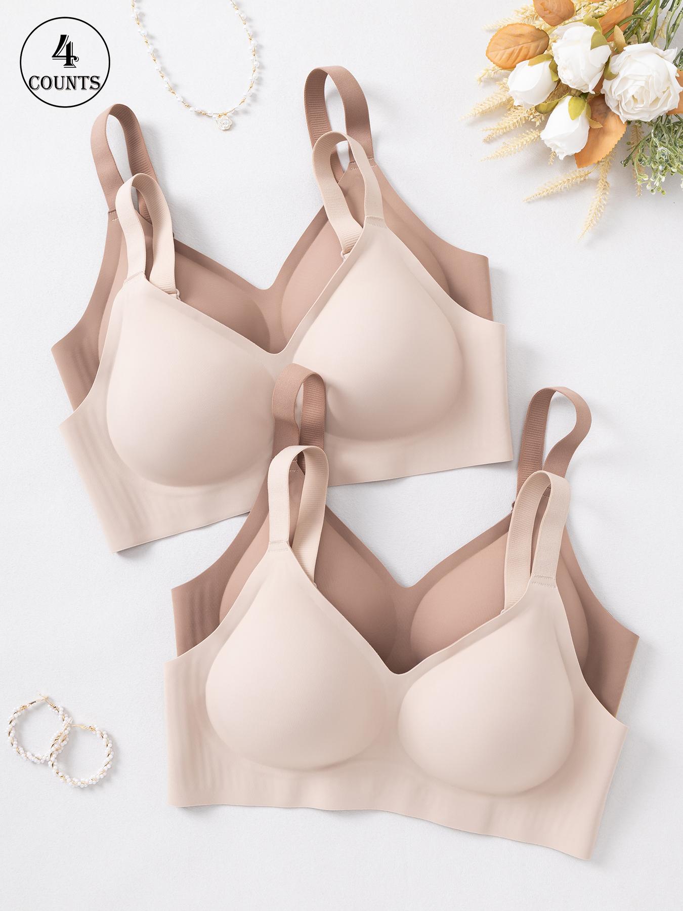 4 piece set solid color women's Wireless seamless bras with hook and adjustable straps, no underwire support for a gathered back, comfortable, breathable, skin-friendly, soft, daily casual sexy lift underwear