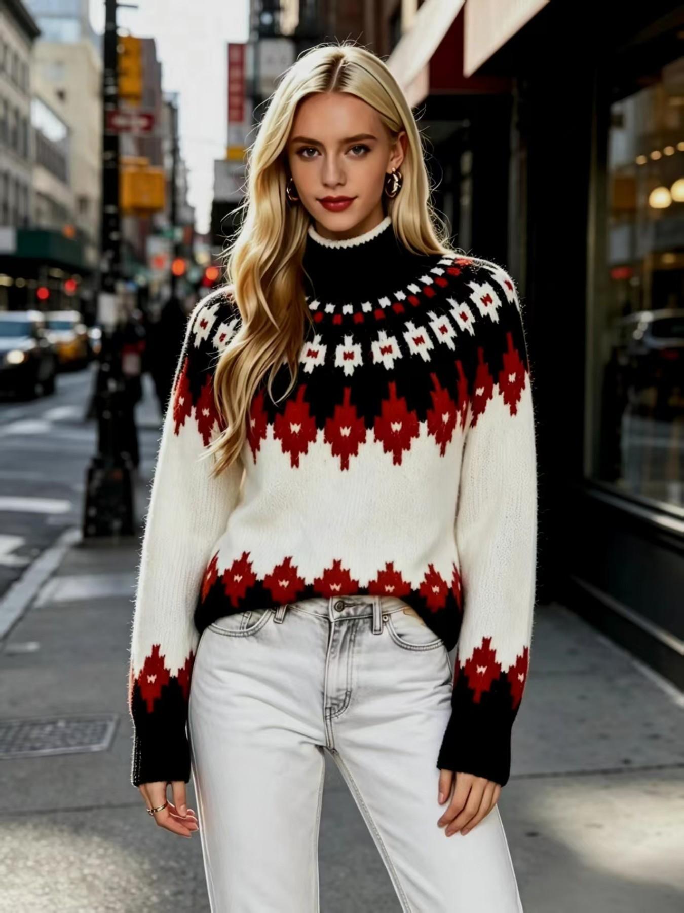 Vintage Women's Knit Patchwork Pullover Sweater, Warm Fuzzy Fabric, Half High Neck Long Sleeve, Fall Winter Casual Commute Daily Wear, Knitwear