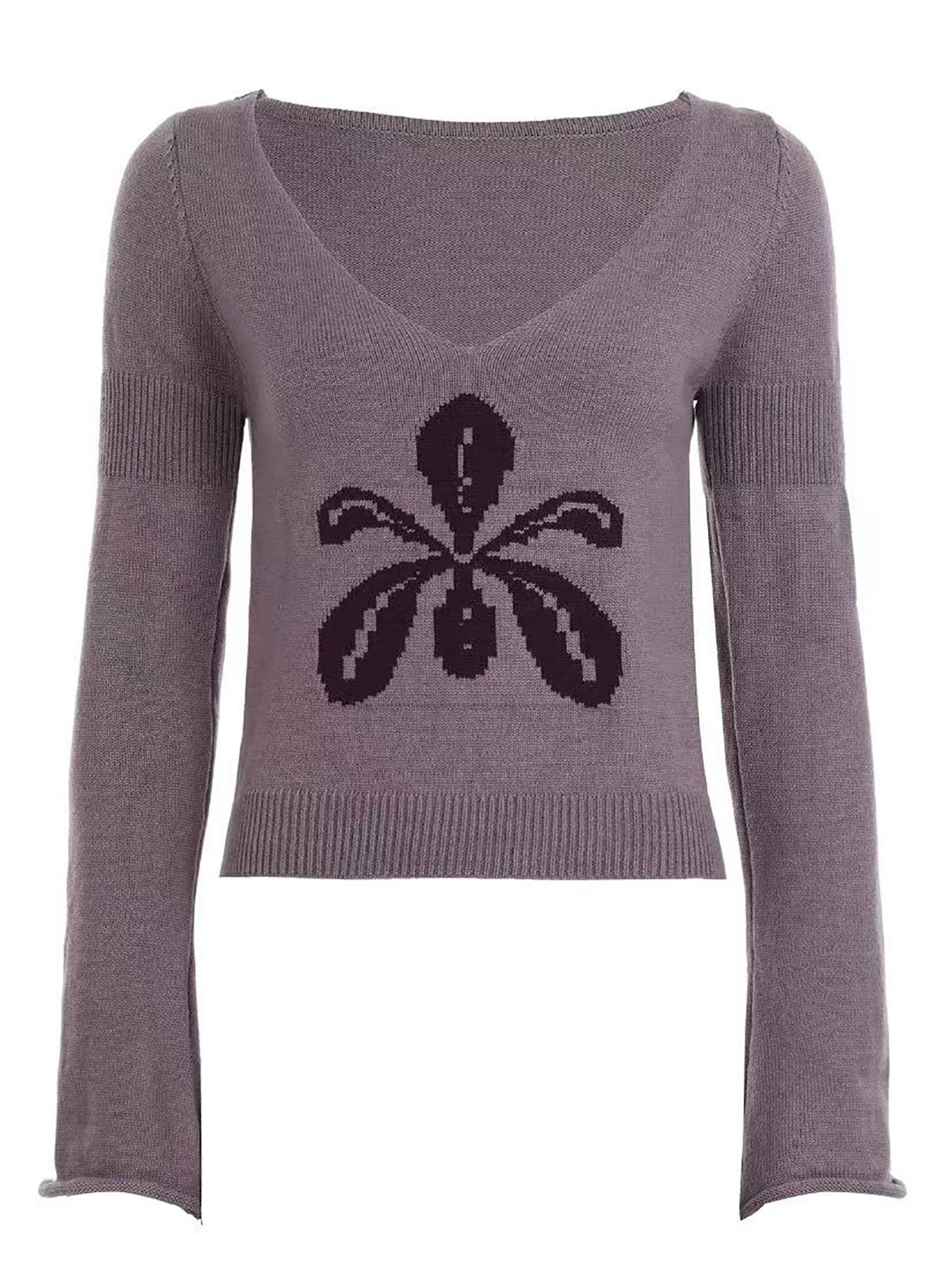 Elegant V Neck Floral Long Sleeve Knitwear Sweater for Women, Slim Fit Casual Top with Chic Unique Design, Perfect for Spring & Fall Fashion