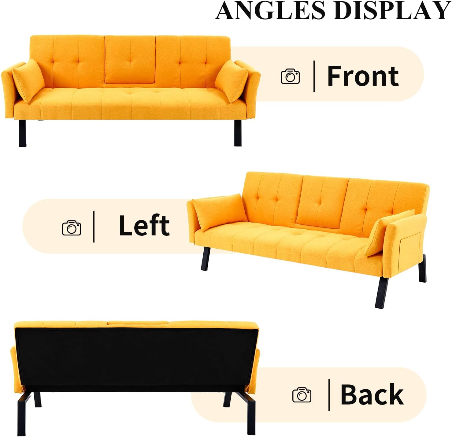 3 in 1 Futon Sofa Bed, Linen Fabric Couch Bed with Side Pocket, Convertible Sleeper Sofa with Dual Cup Holders & 2 Pillows, Adjustable Recliner Sofa for Living Room (Yellow)