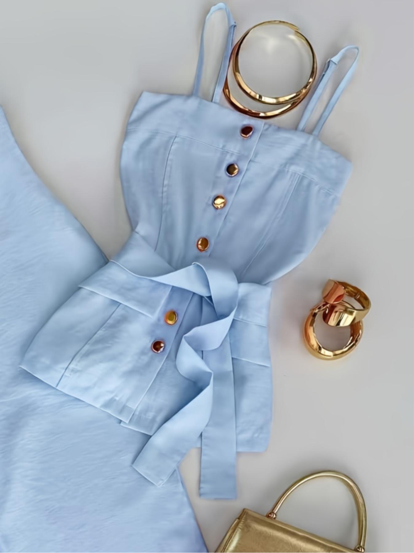 New Women's Solid Color Strappy Top & Long Pants Two-Piece Set, Versatile Casual Wear, Comfortable and Stylish, Perfect for Daily Use