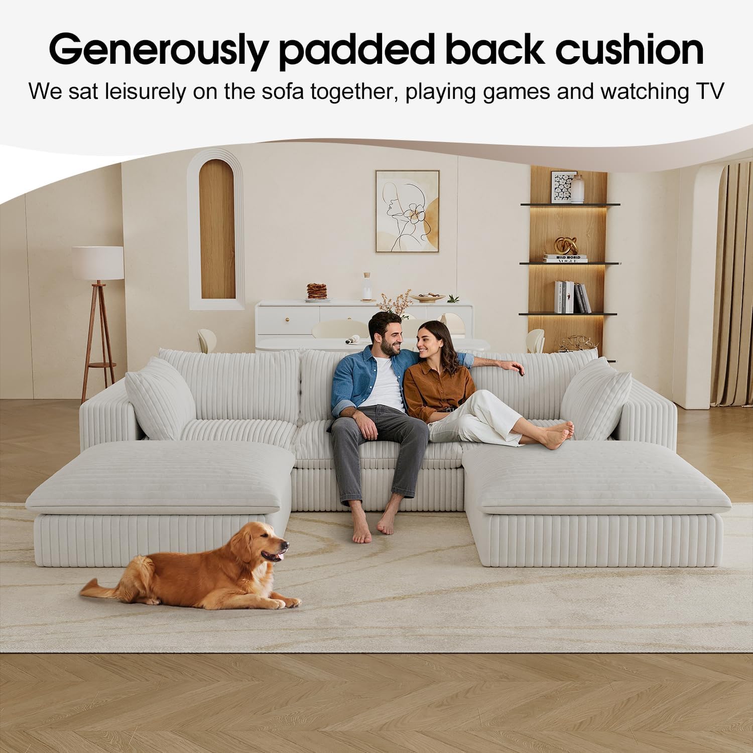 118" Corduroy Modular Sectional Sofa Couch, Oversized 3-Seater Cloud Boneless Couches with Removable Cushion & 2 Ottoman, No Assembly Required, U Shape Deep-Seat Fluffy Couches for Living Room, Compression, Free Combination, Throw Pillow, Luxurious