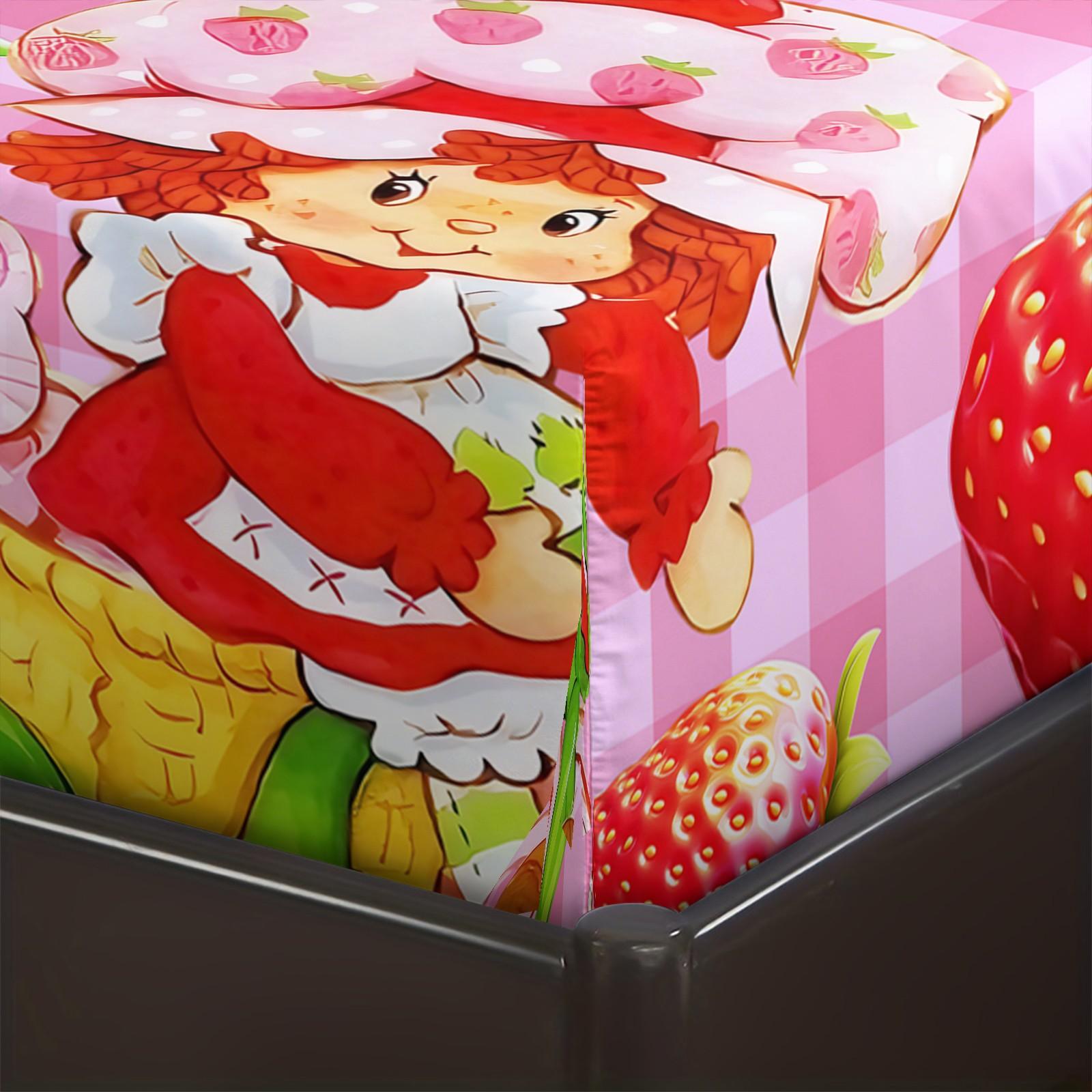 Strawberry Shortcake Gingham Fitted Sheet Set, 1 Fitted Sheet + 2 Pillowcases - 3 Pcs Soft Breathable Bedding with Deep Pocket, 360° All-Round Wrap, Wrinkle Resistant, Cute Strawberry Cartoon Bed Sheets for Girls Bedroom Decor, Full Size
