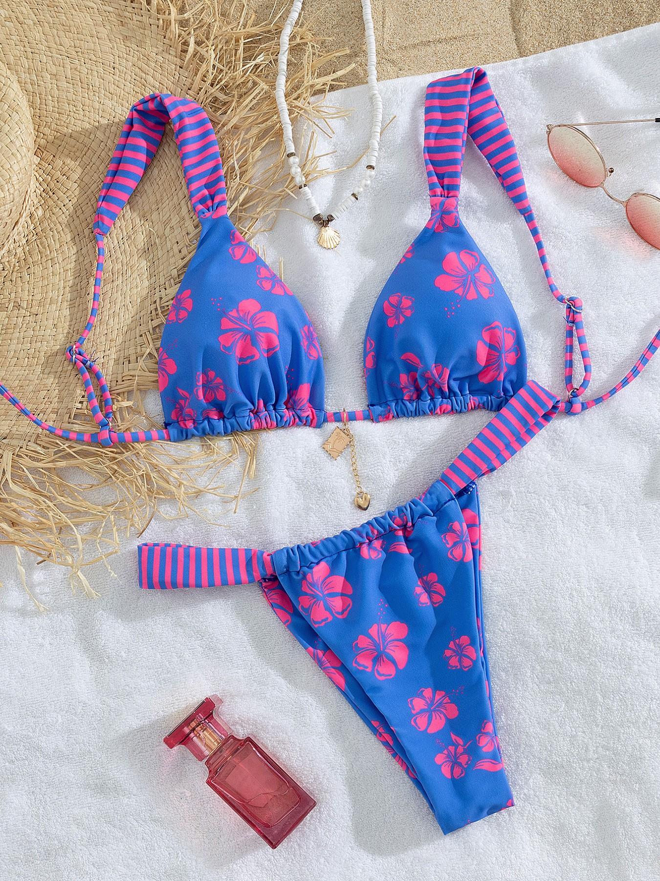 Women's Patchwork Print Bikini Set, Casual Adjustable Strap Tie Back Swim Top & Swim Bottom, Women's Swimsuit for Summer Beach Holiday Vacation, Patchwork Bikini Sets