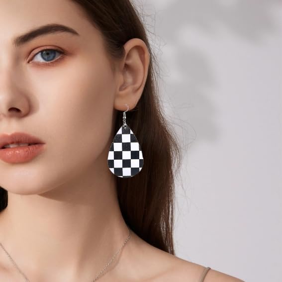 Checkerboard Earrings for Women Checkered Chess Board Flag Leather Teardrop Cute Accessories Dangle Lightweight Funny Gifts