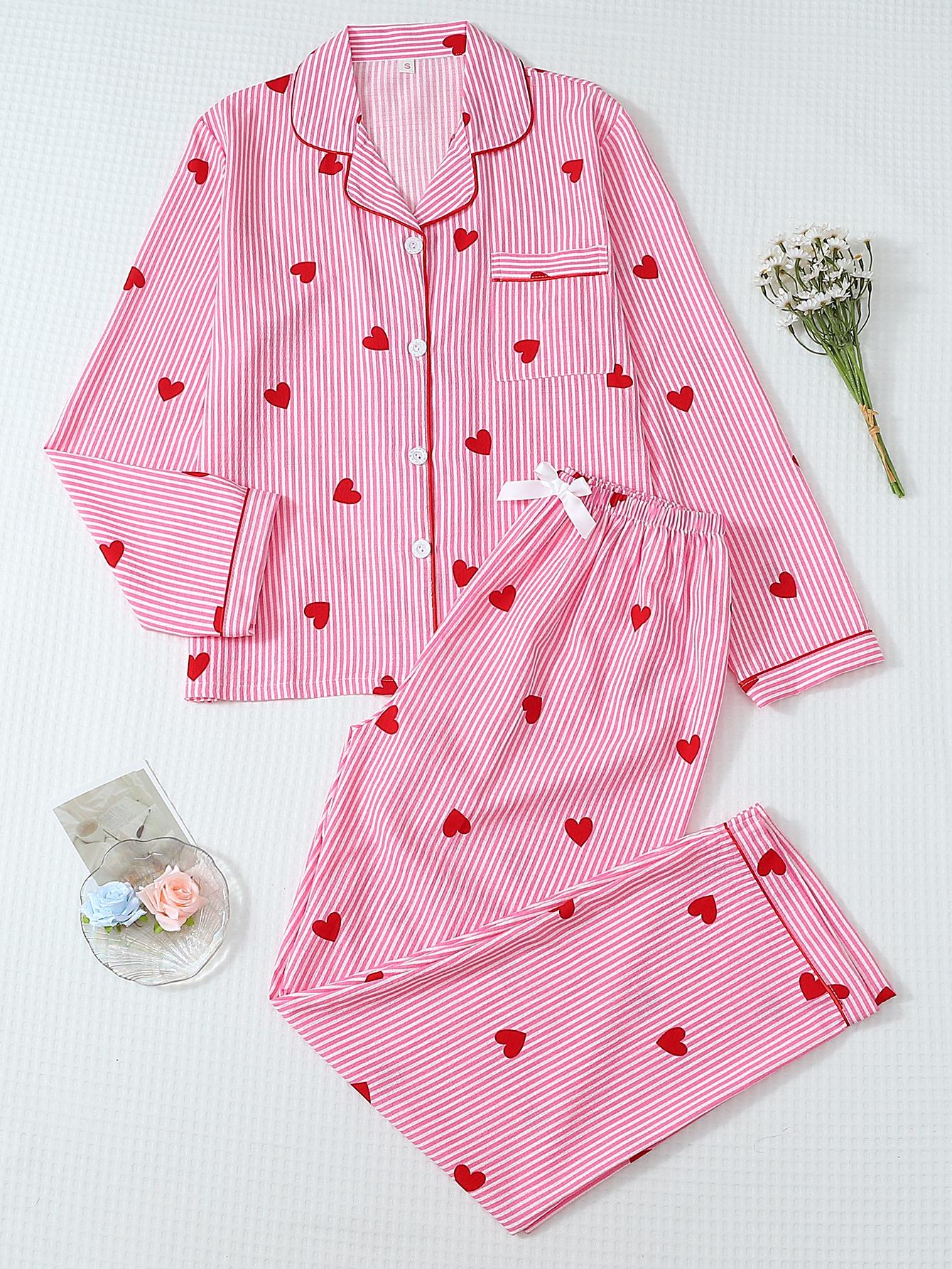 Women's Striped Long Sleeve Pajama Set with Bow Prints, Sweet Cute Button Front Top and Pants, Casual Home Wear Loungewear for All Seasons