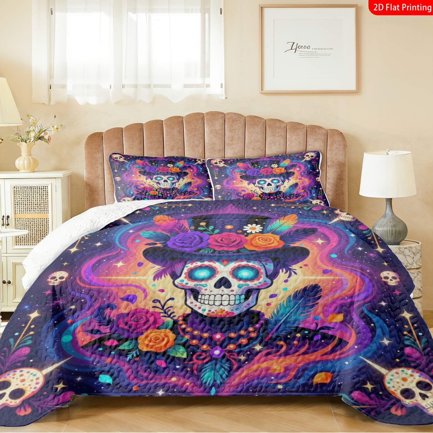 3 pcs, 2D Flat Print Day of the Dead Skull Art Bedspread Set, Soft and Comfortable, Multiple Sizes Available, Suitable for Gifting and Daily Use, Ideal for Creating a Cozy Home Atmosphere(1 bedspread , 2 pillowcases)